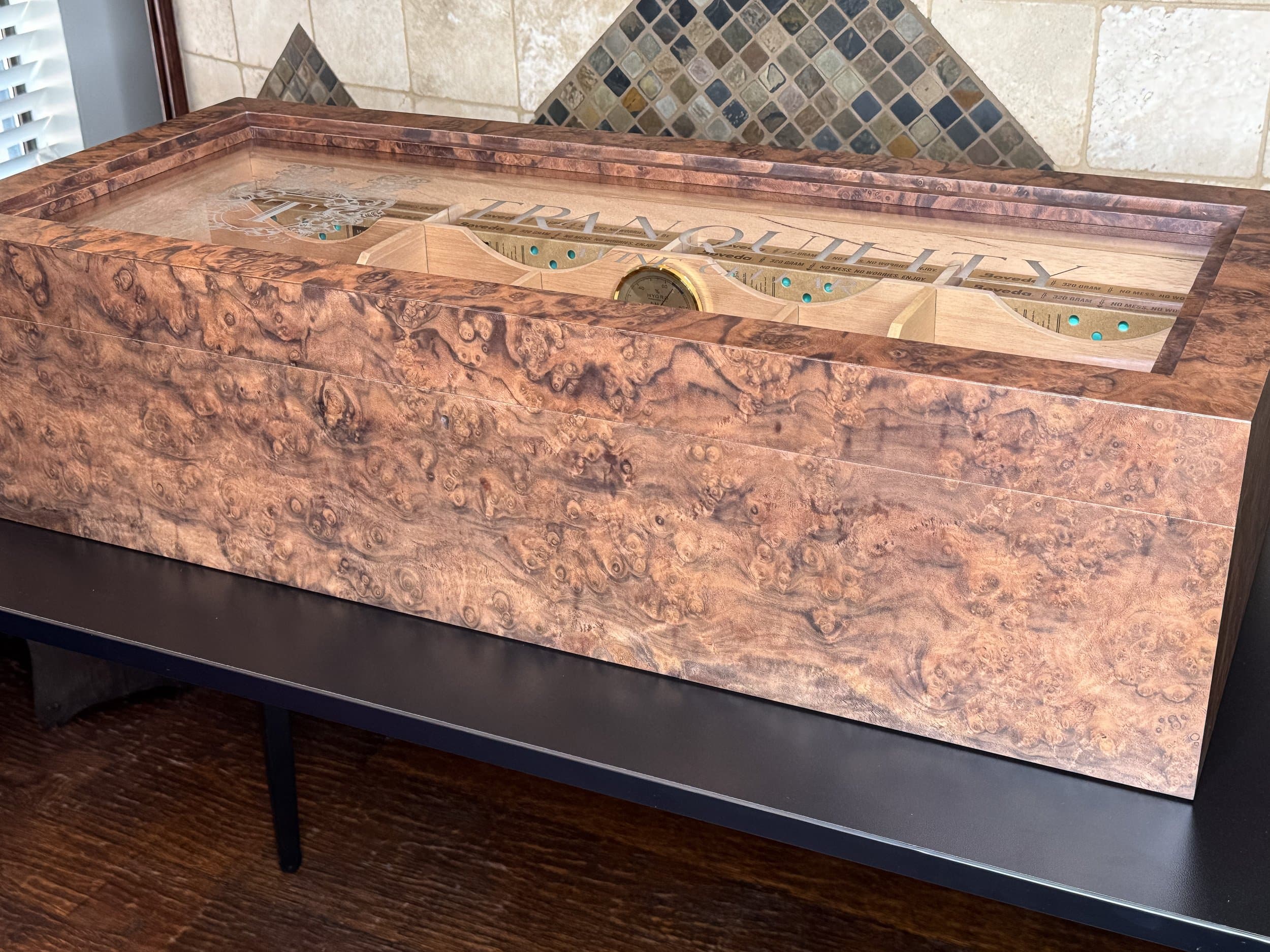 The Vitrine: centient luxury walnut burl museum glass humidor front