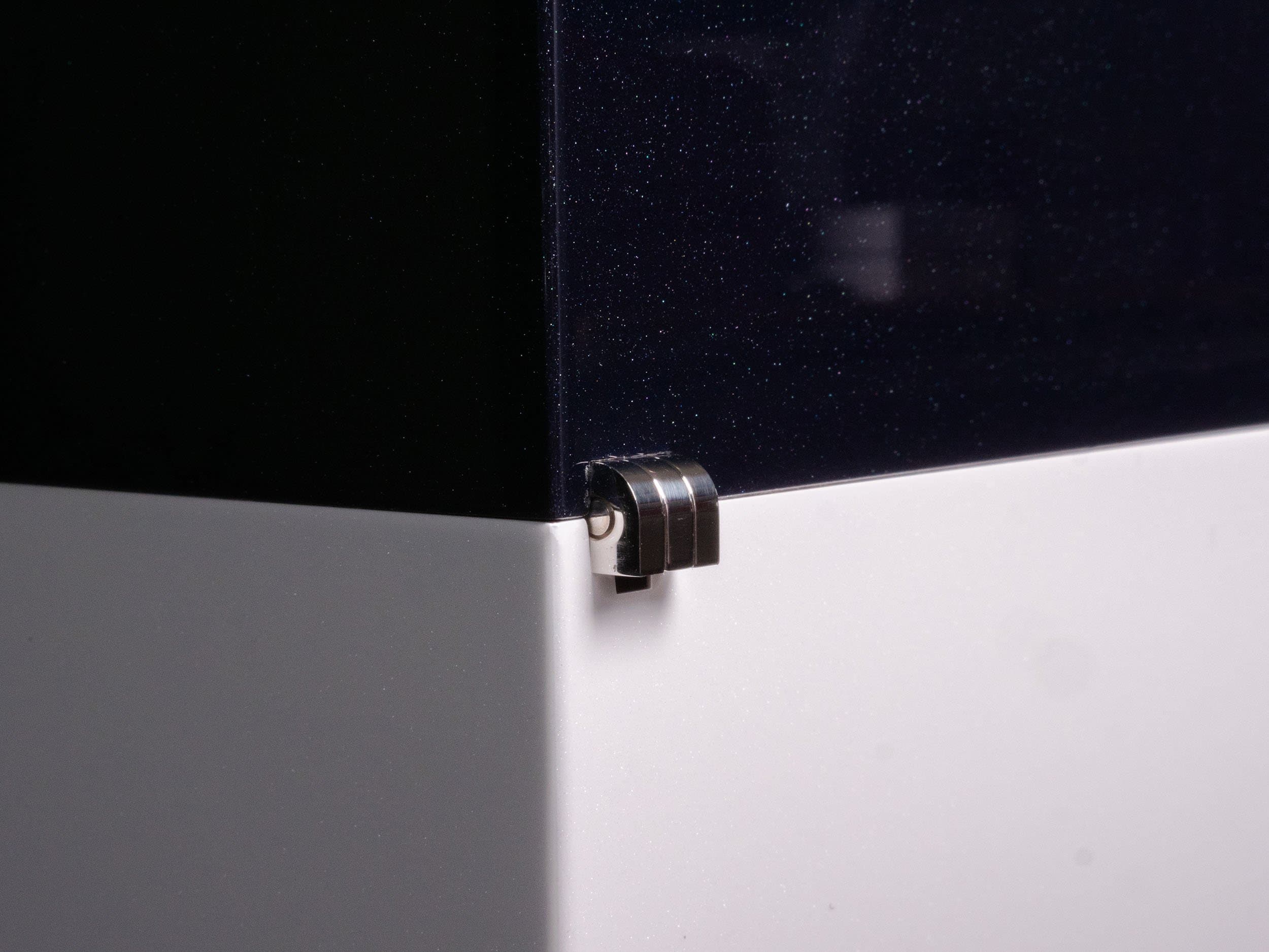 The Meridian: side view stainless hinge humidor