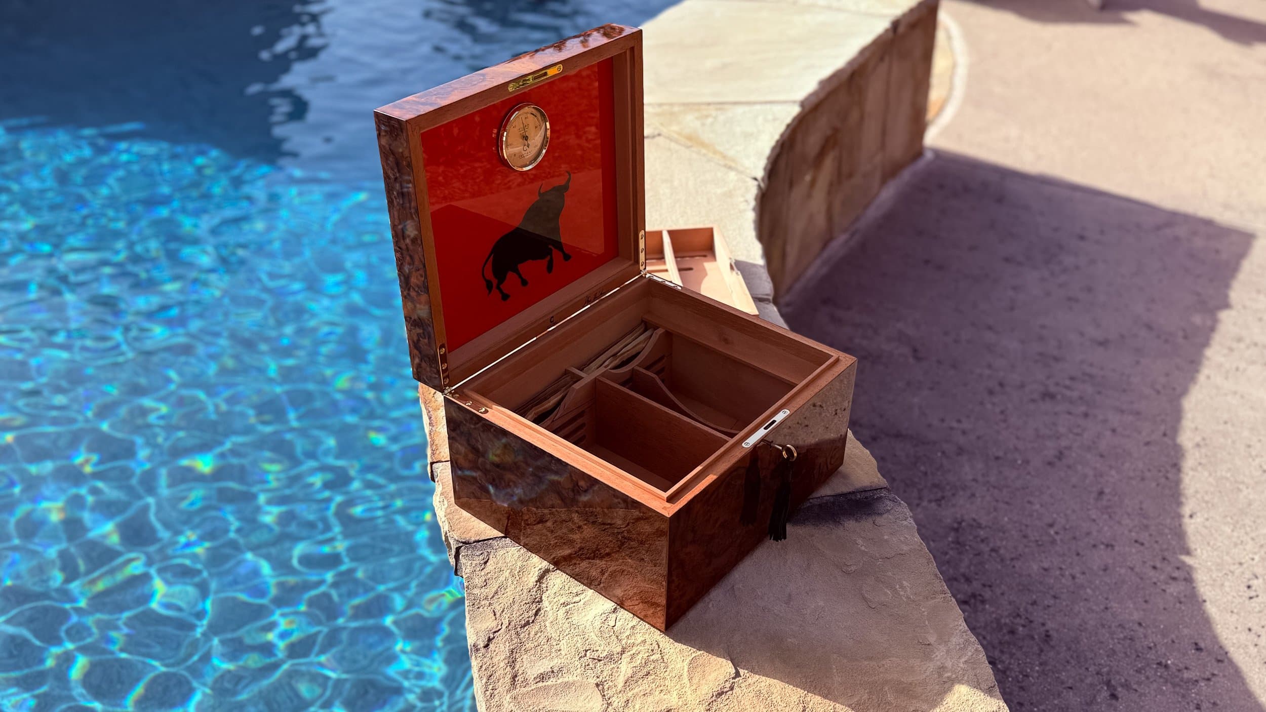 The Toro: centient luxury walnut burl humidor open lid bull silhouette interior