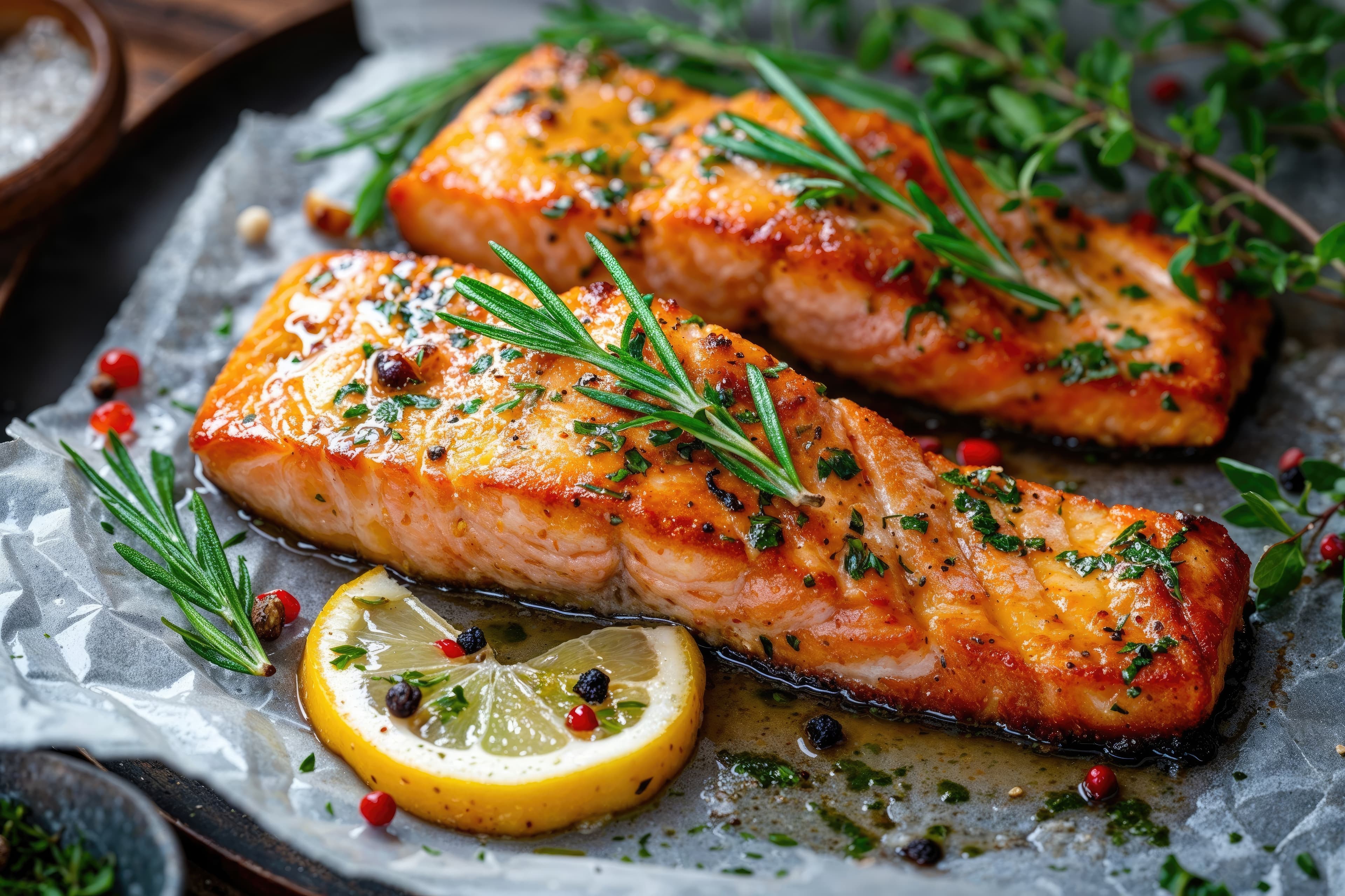 Seared salmon fillets with rosemary, peppercorns, and lemon.