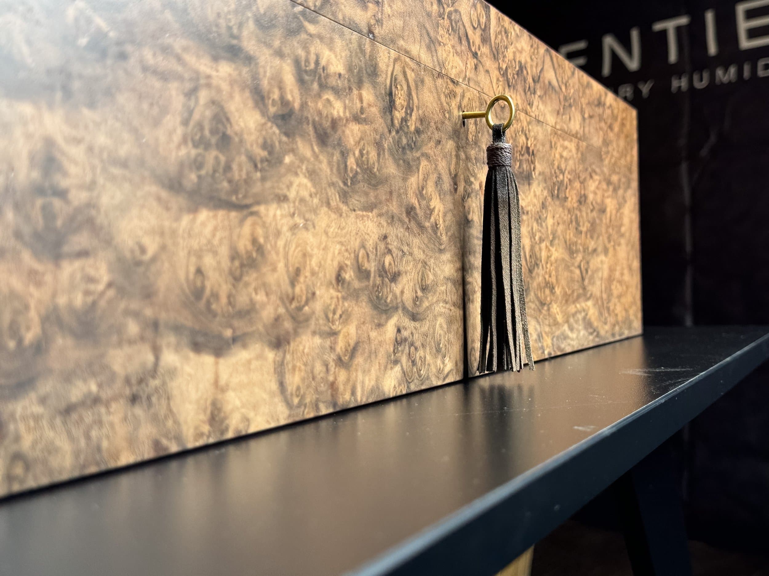 The Vitrine: centient luxury walnut burl humidor angle key tassel