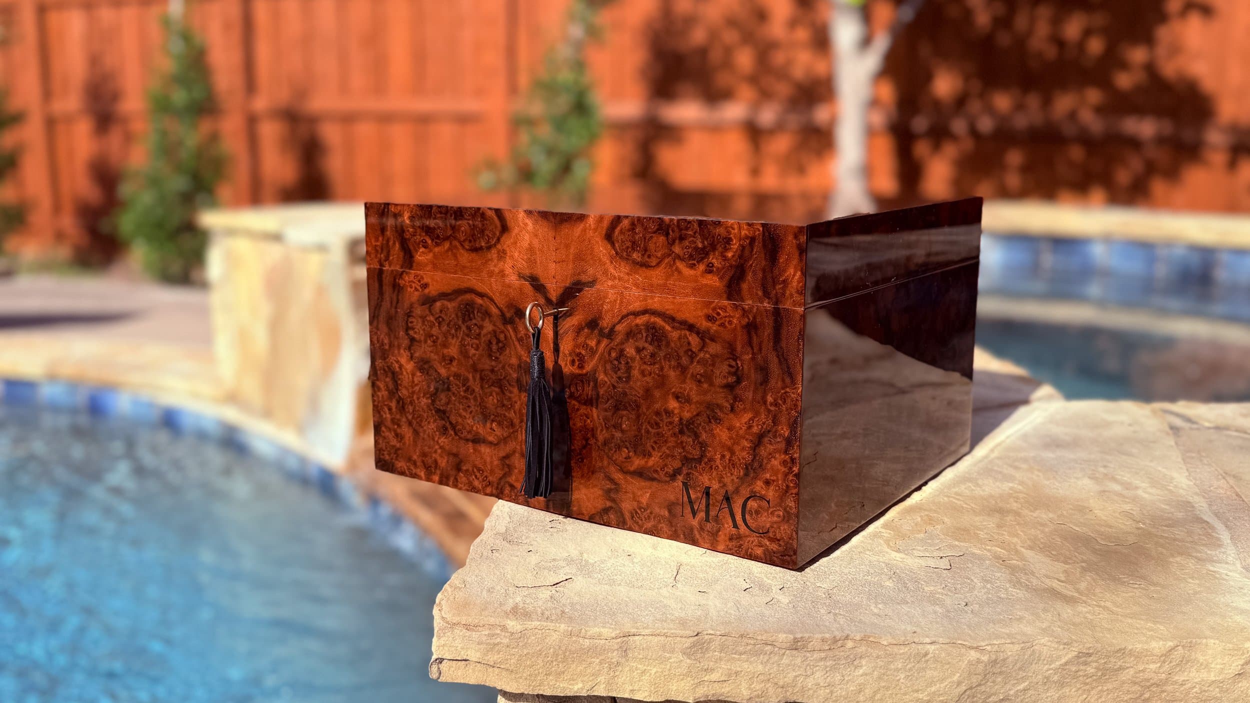 The Toro: centient luxury walnut burl humidor mac initials front angle