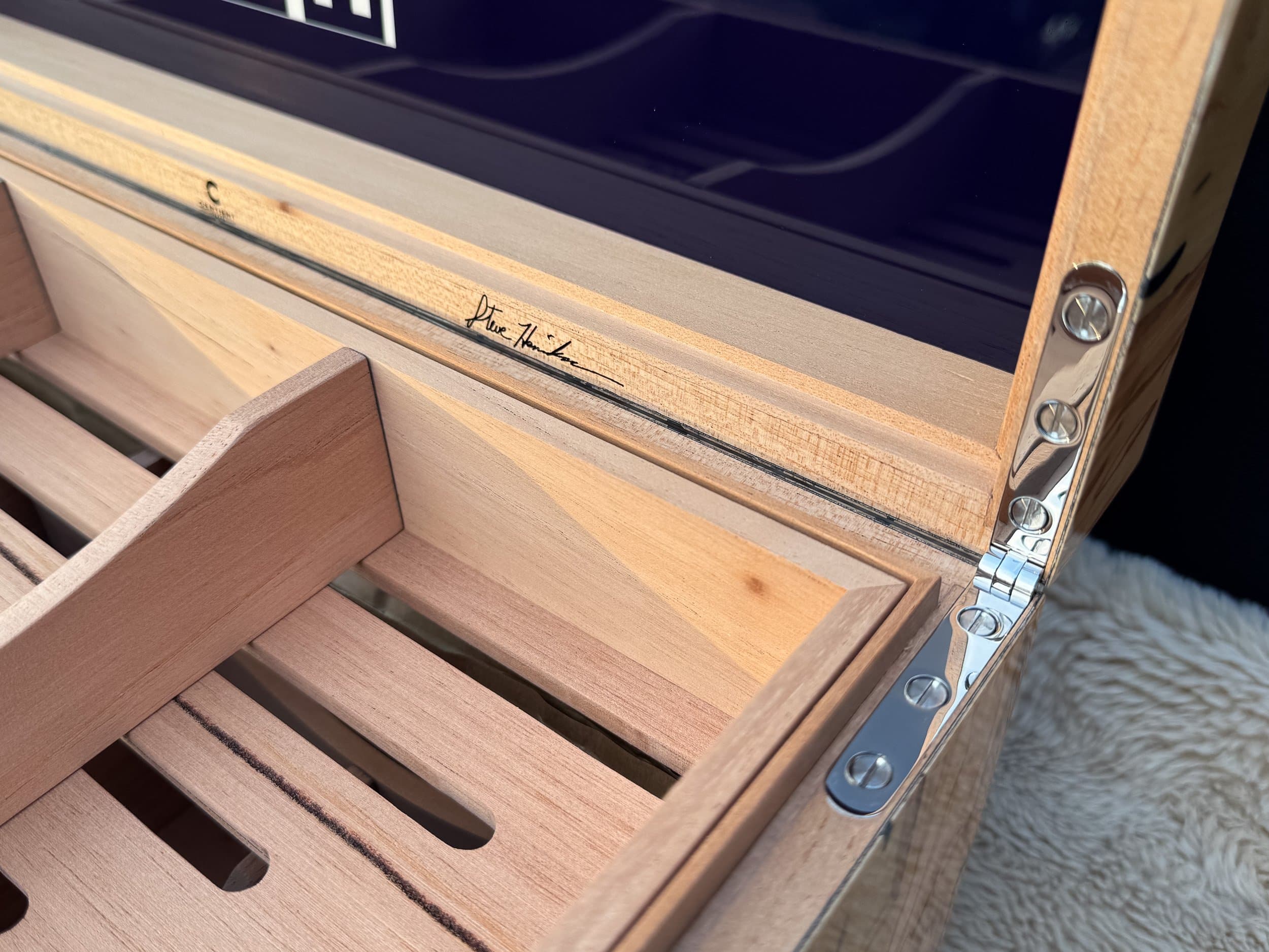 The Bethlehem: centient luxury bethlehem olivewood humidor right stainless steel hinge branding
