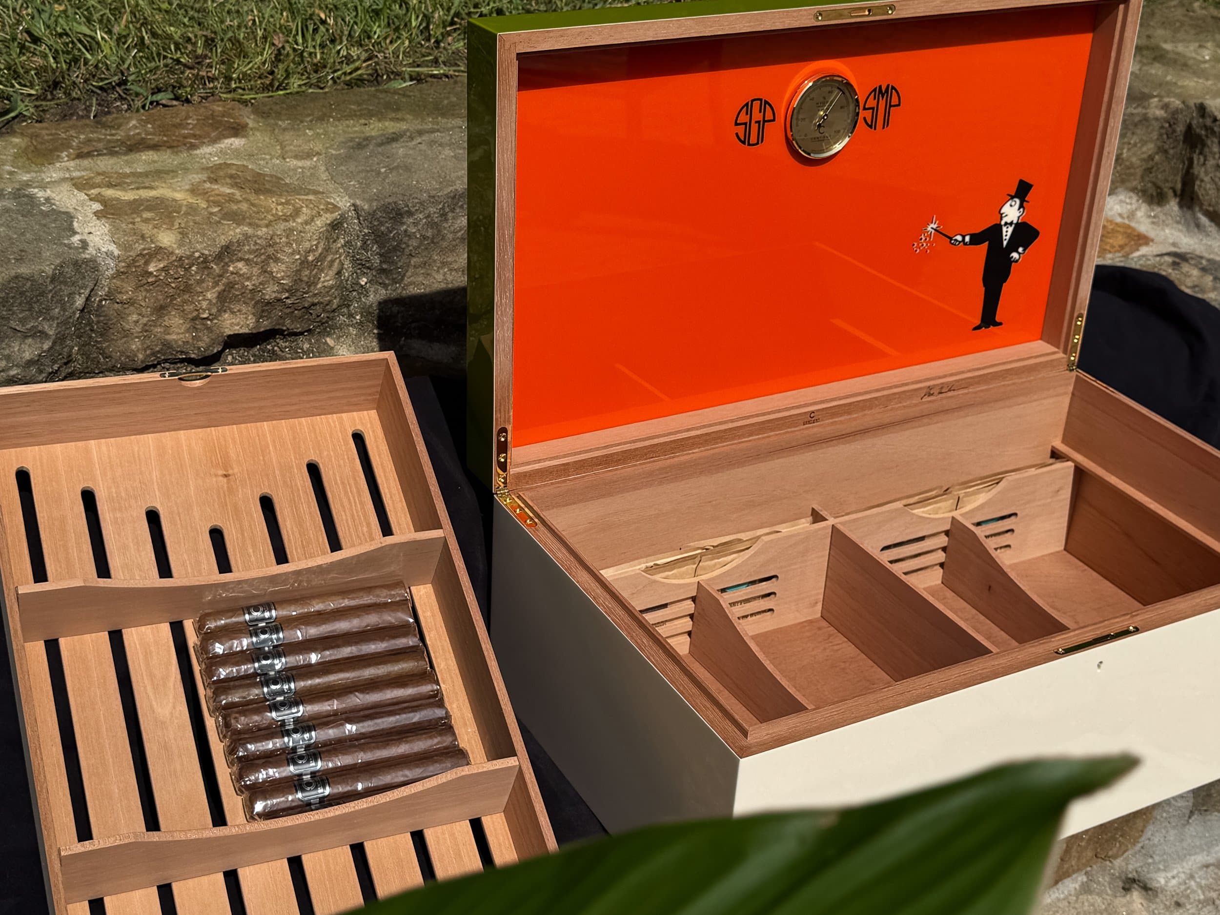 The Orangerie: centient luxury avocado green orange humidor open lid orange interior tray removed