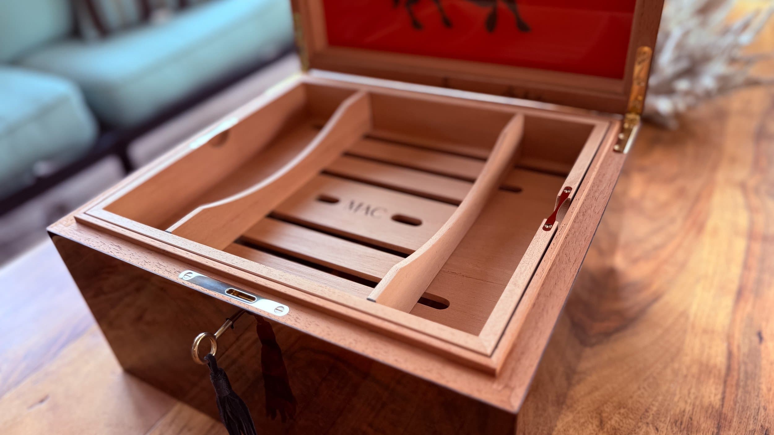 The Toro: centient luxury walnut burl humidor lifestyle open lid