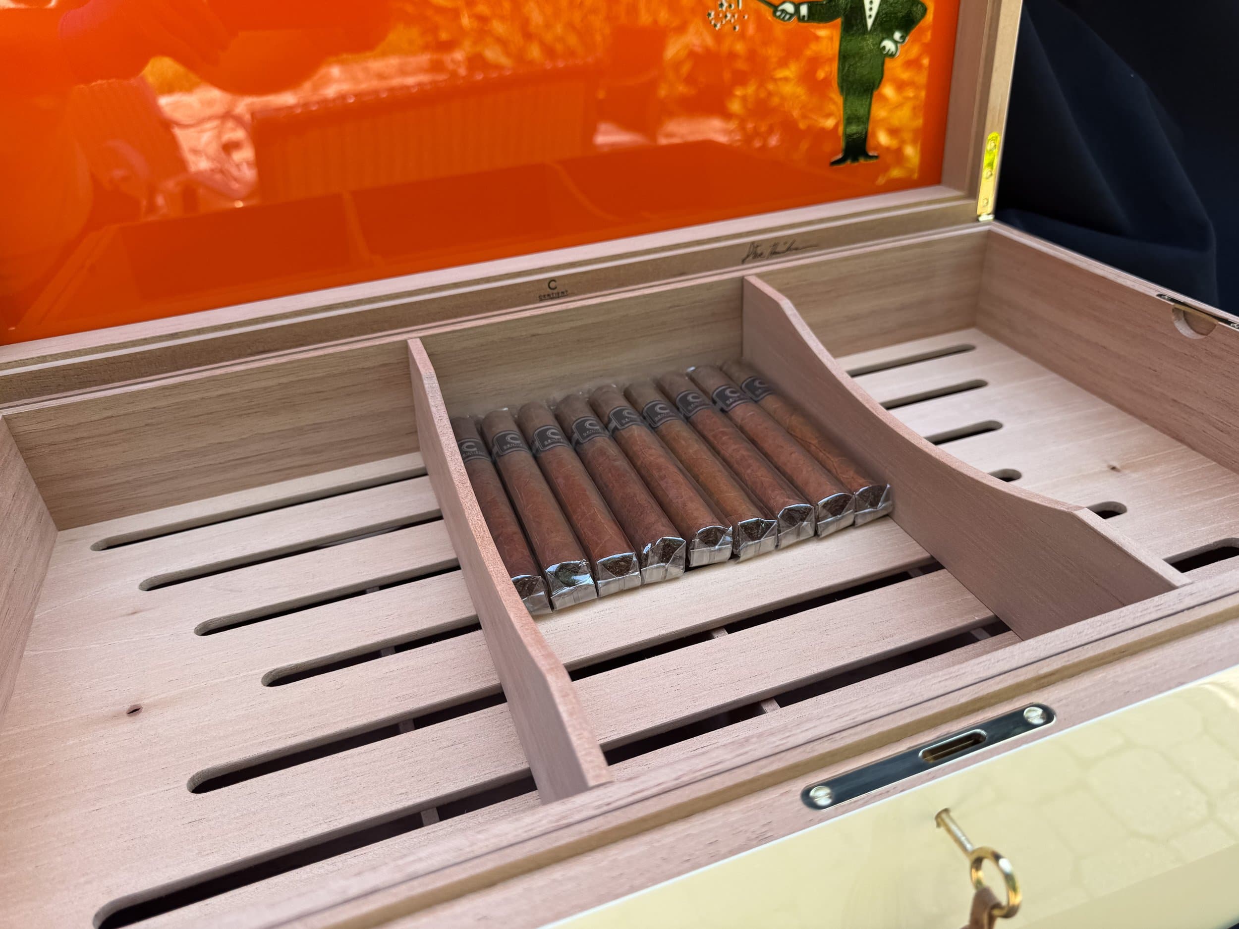 The Orangerie: centient luxury avocado green orange humidor open box lock