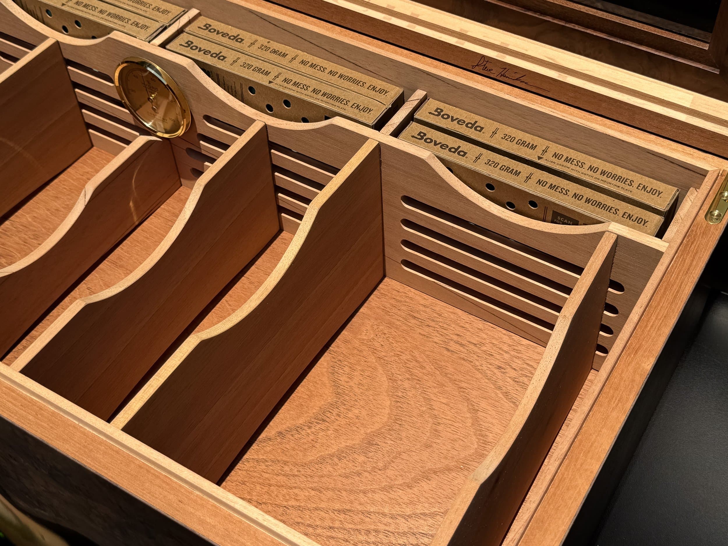 The Vitrine: centient luxury walnut burl museum glass humidor interior boveda trays hygrometer