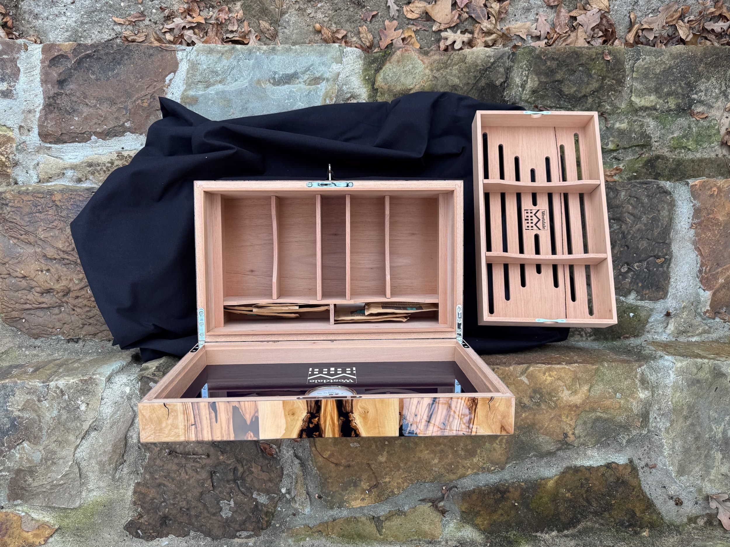 The Bethlehem: centient luxury bethlehem olivewood humidor open lid dividers removable tray