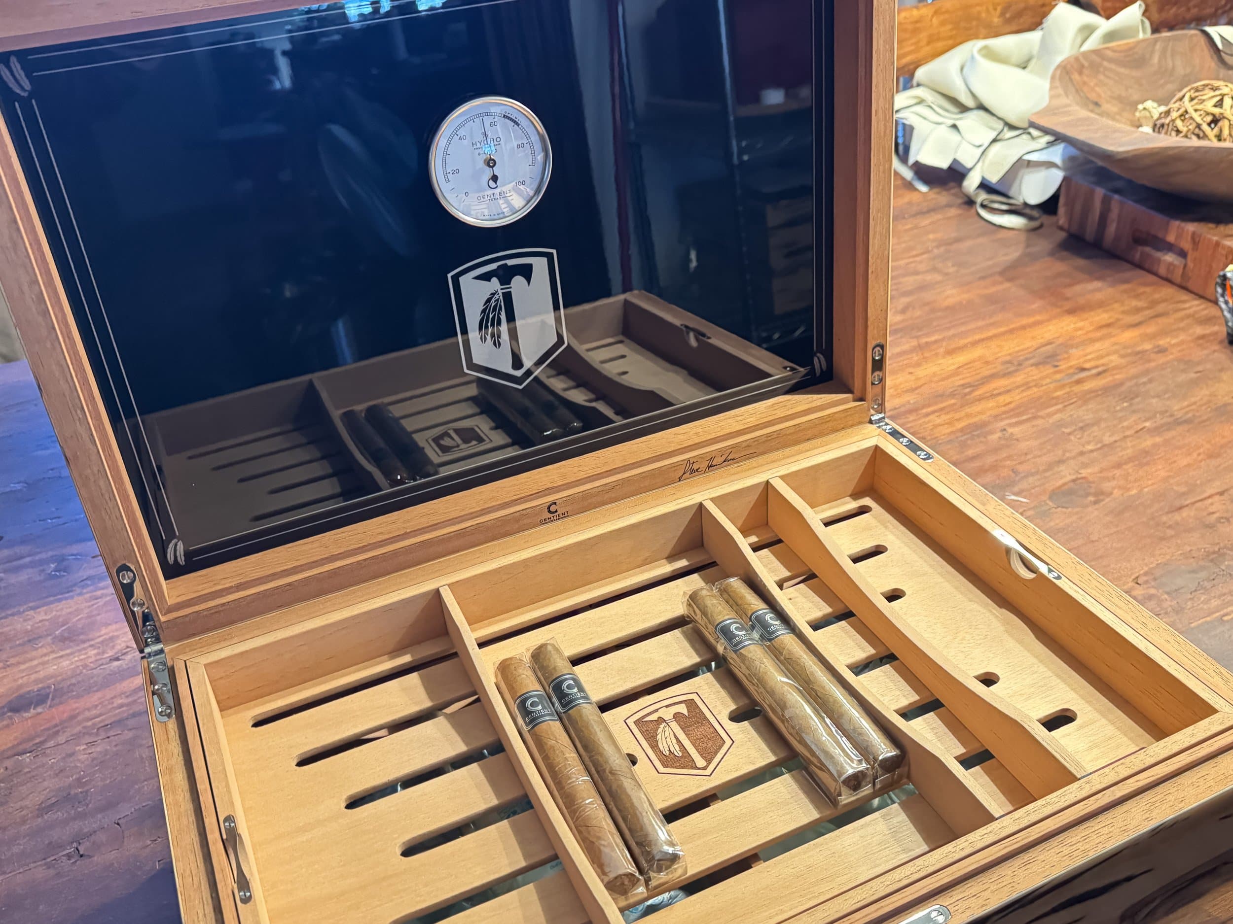 The Cypress — Blackline: centient luxury pecky cypress humidor with cigars open