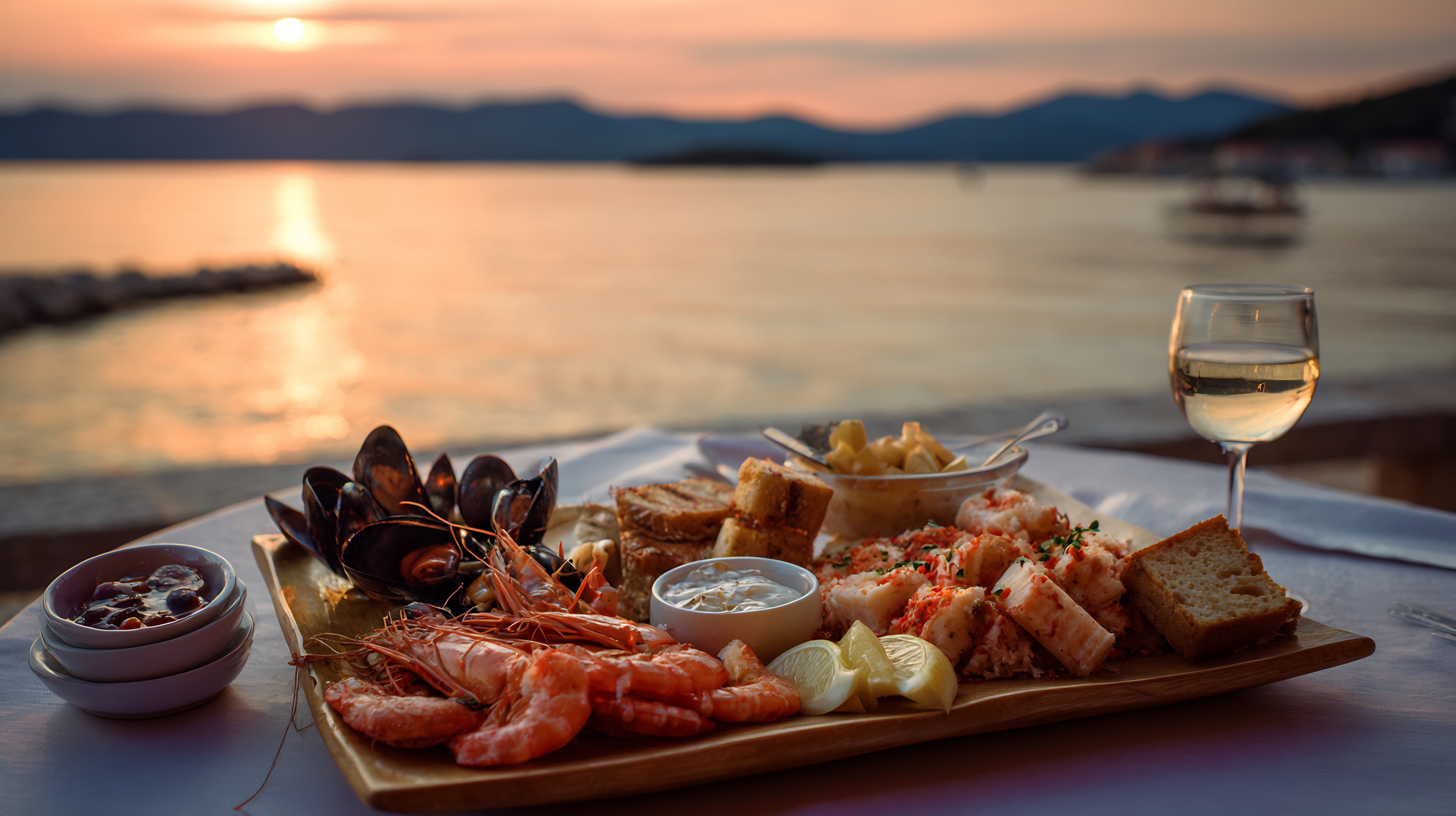 Prawns, mussels, and toasted bread on a wooden tray at the water, late light.