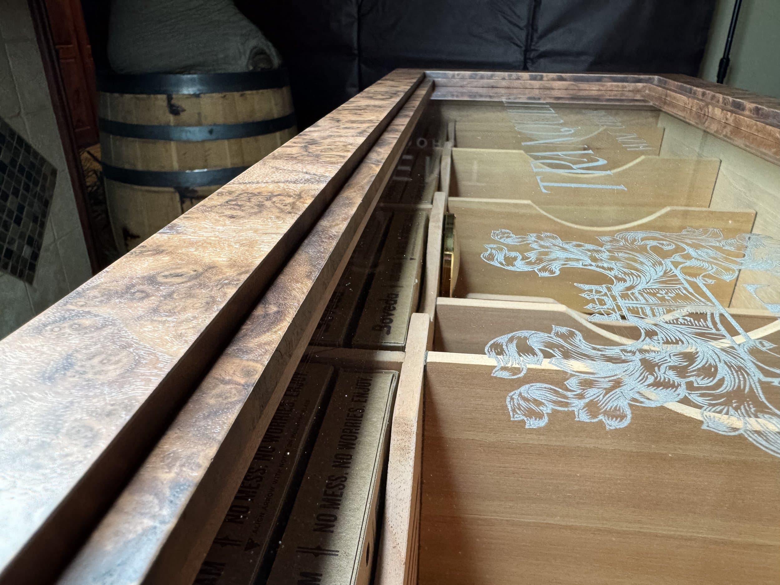 The Vitrine: centient luxury walnut burl museum glass humidor closeup
