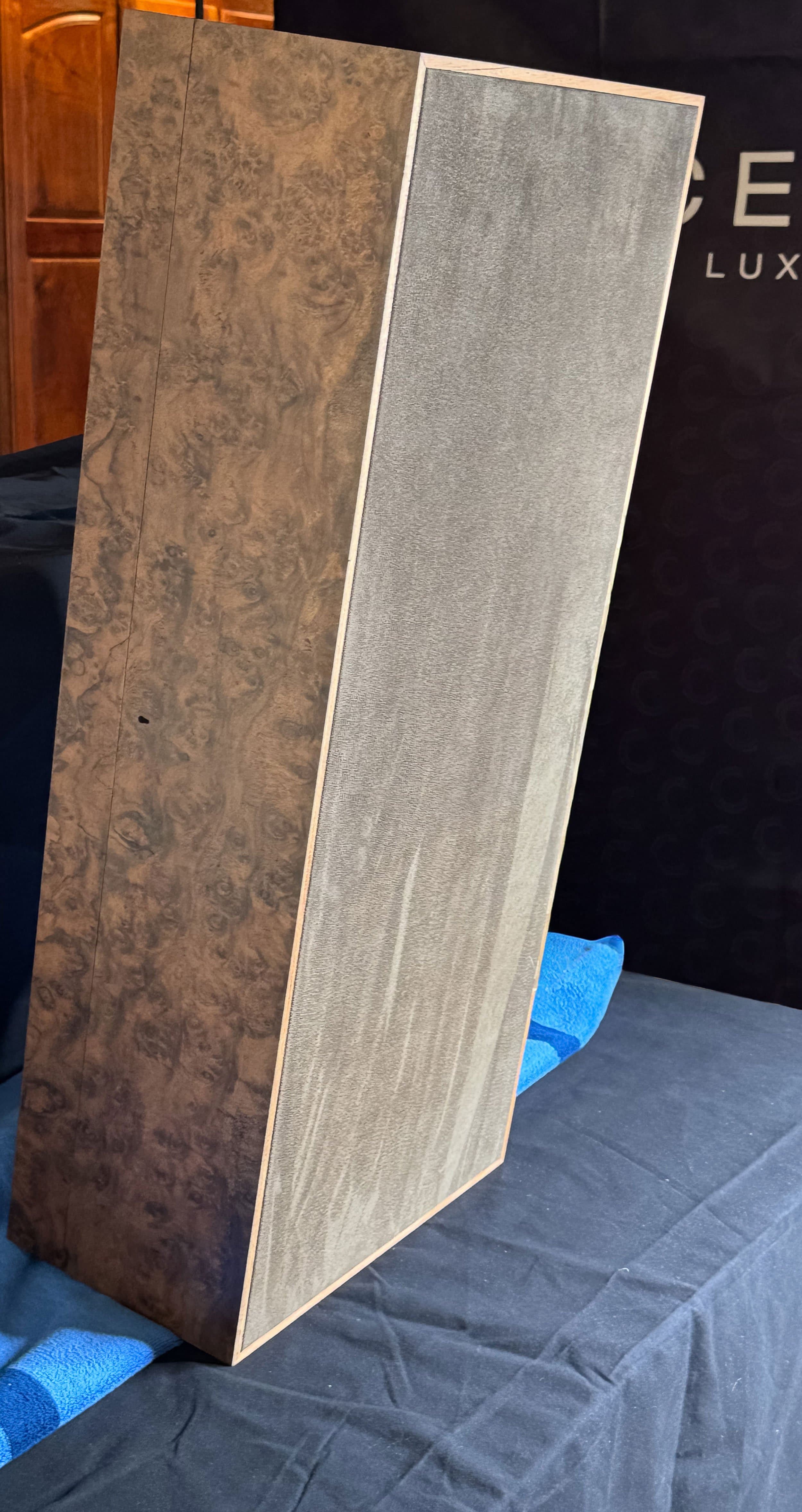 The Vitrine: centient luxury walnut burl museum glass humidor bottom goat suede vertical
