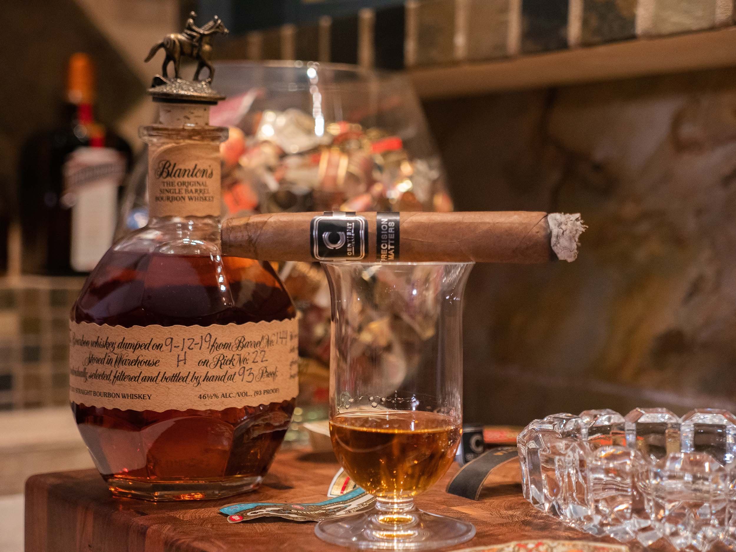 A Centient cigar with Blanton’s bourbon. Photograph, Centient.
