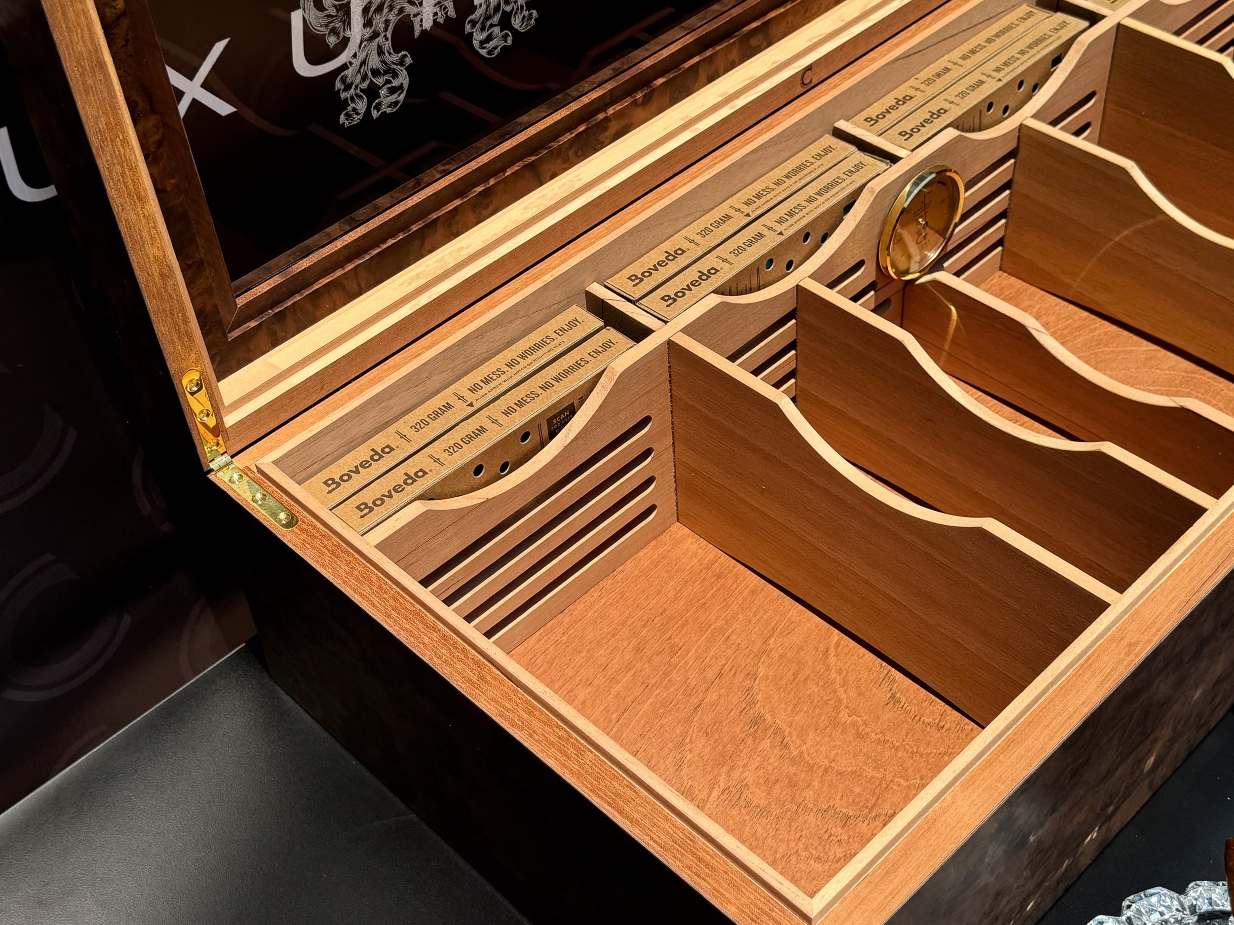 The Vitrine: centient luxury walnut burl museum glass humidor interior dividers detail