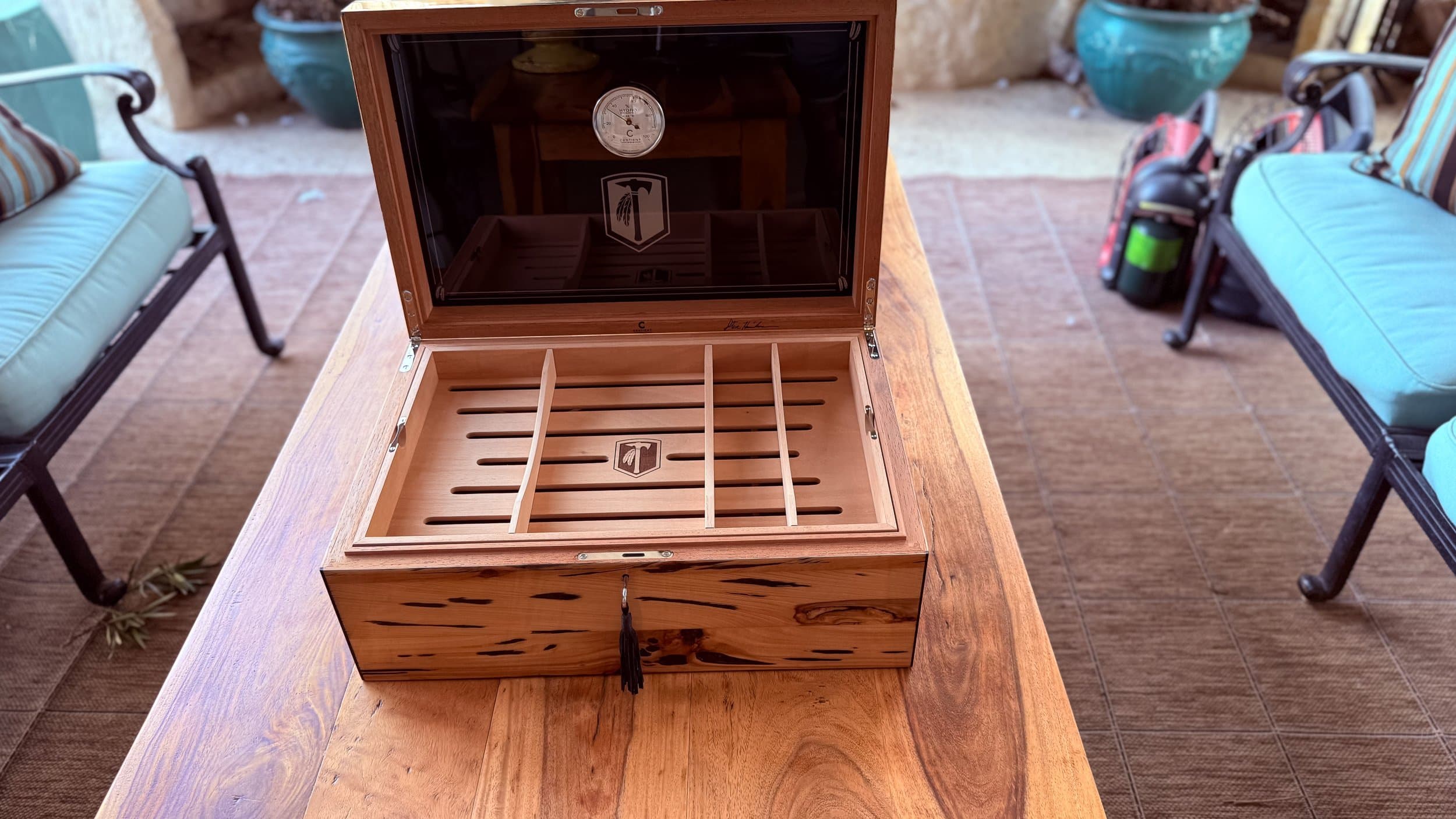 The Cypress — Blackline: centient pecky cypress humidor open outdoor lifestyle
