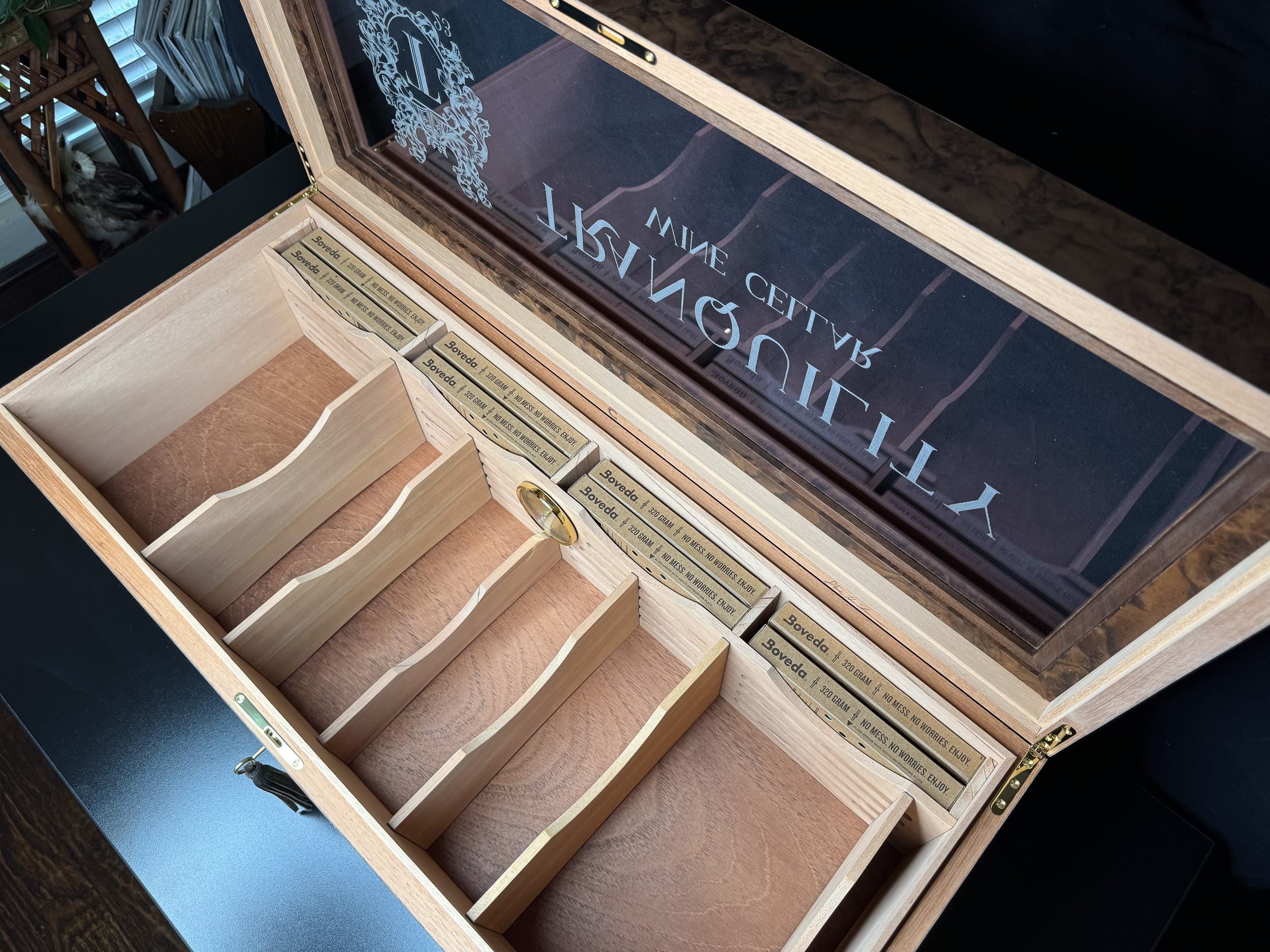 The Vitrine: centient luxury walnut burl museum glass humidor top down view