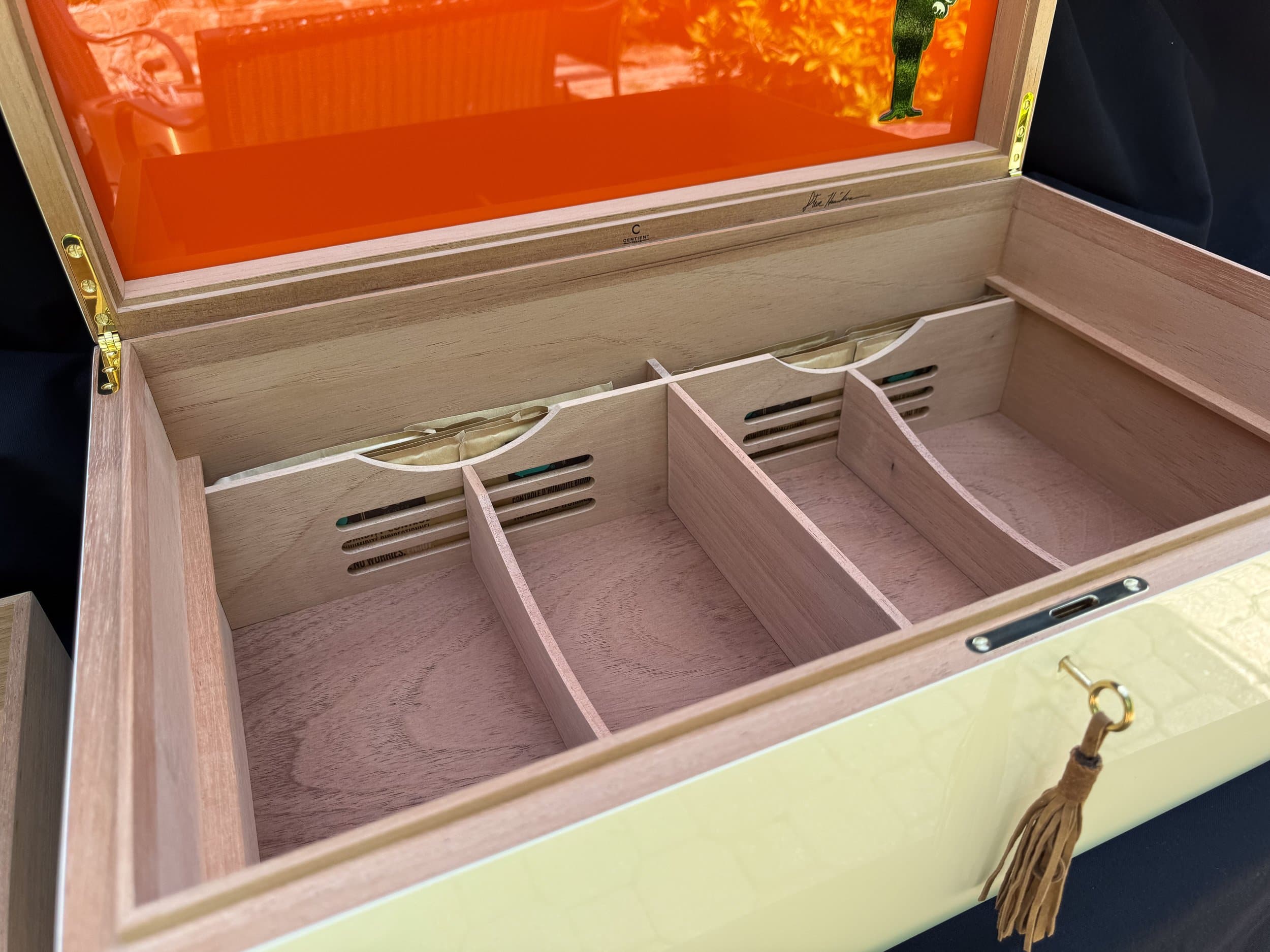 The Orangerie: centient luxury avocado green orange humidor open boxlock key tassel