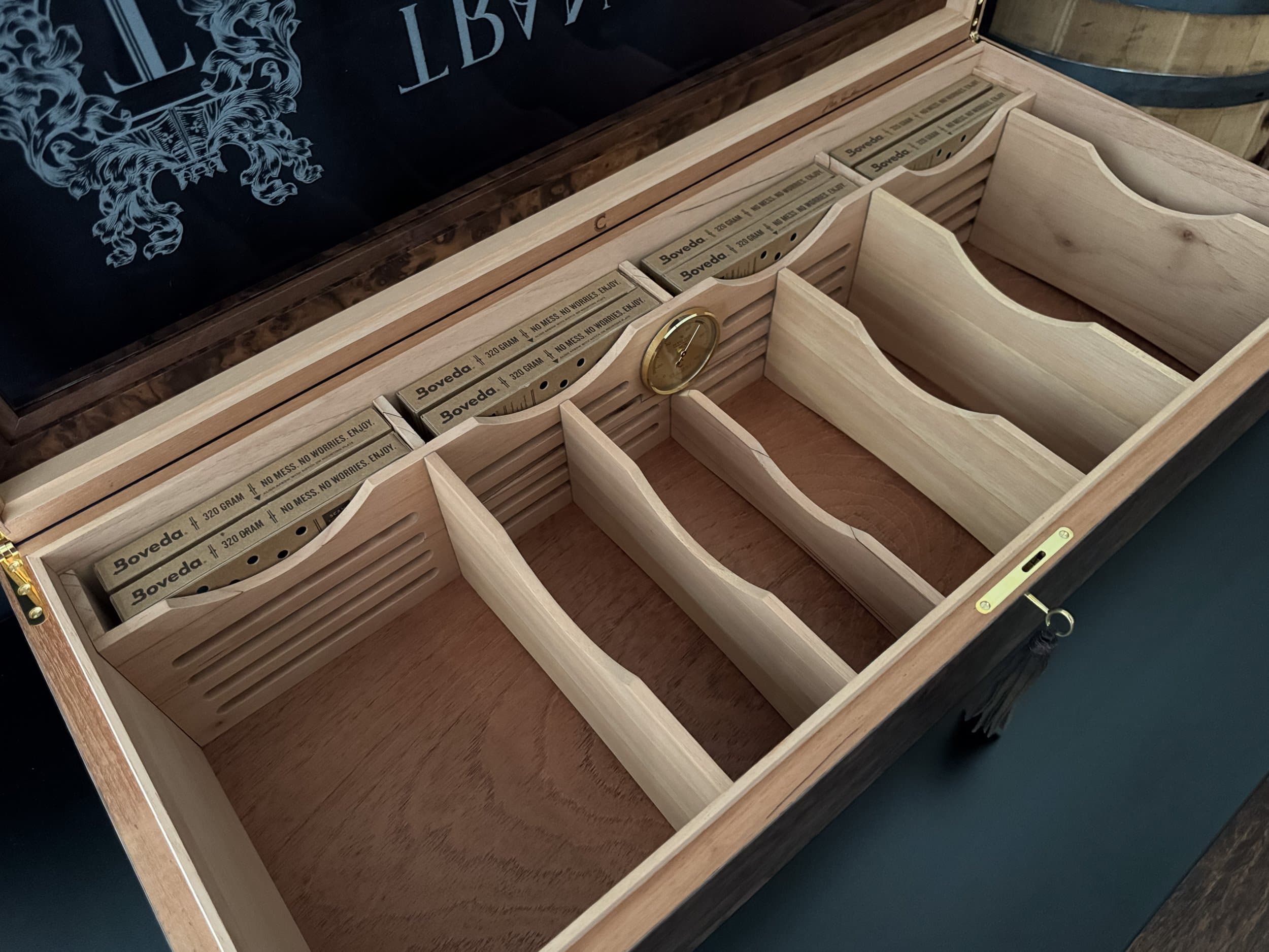 The Vitrine: centient luxury walnut burl museum glass humidor top angle left