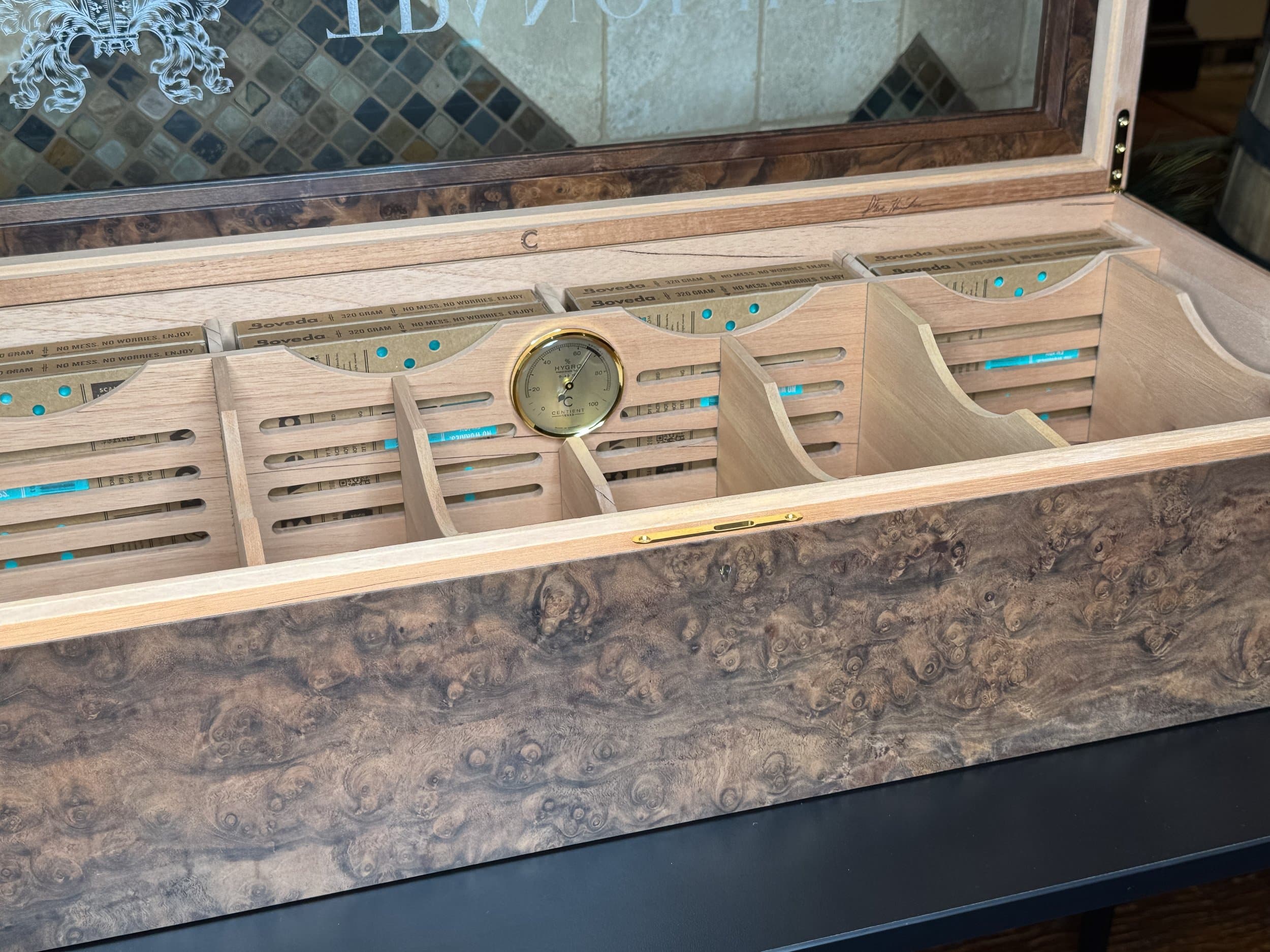 The Vitrine: centient luxury walnut burl museum glass humidor front open angle