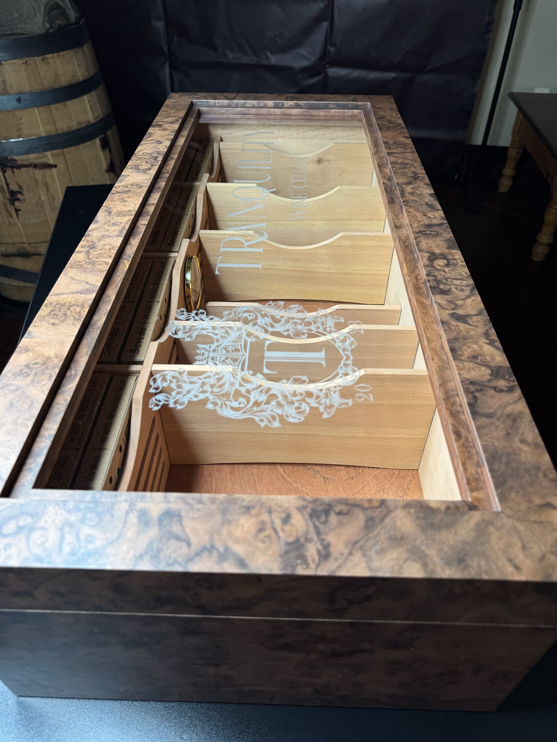 The Vitrine: centient luxury walnut burl museum glass humidor engraved tray top view