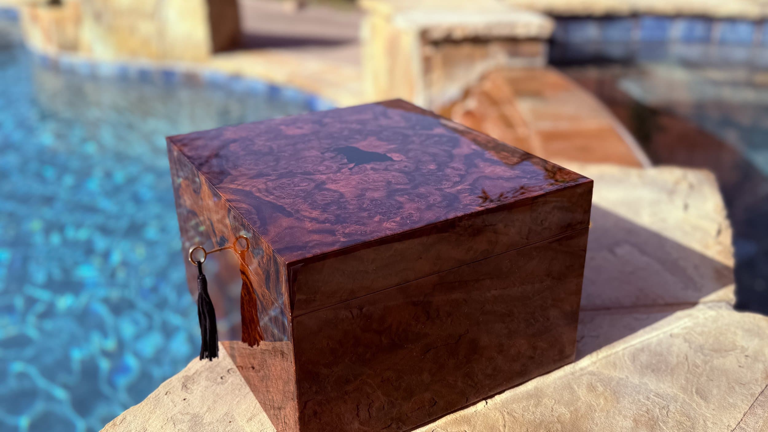 The Toro: centient luxury walnut burl humidor key tassel side view
