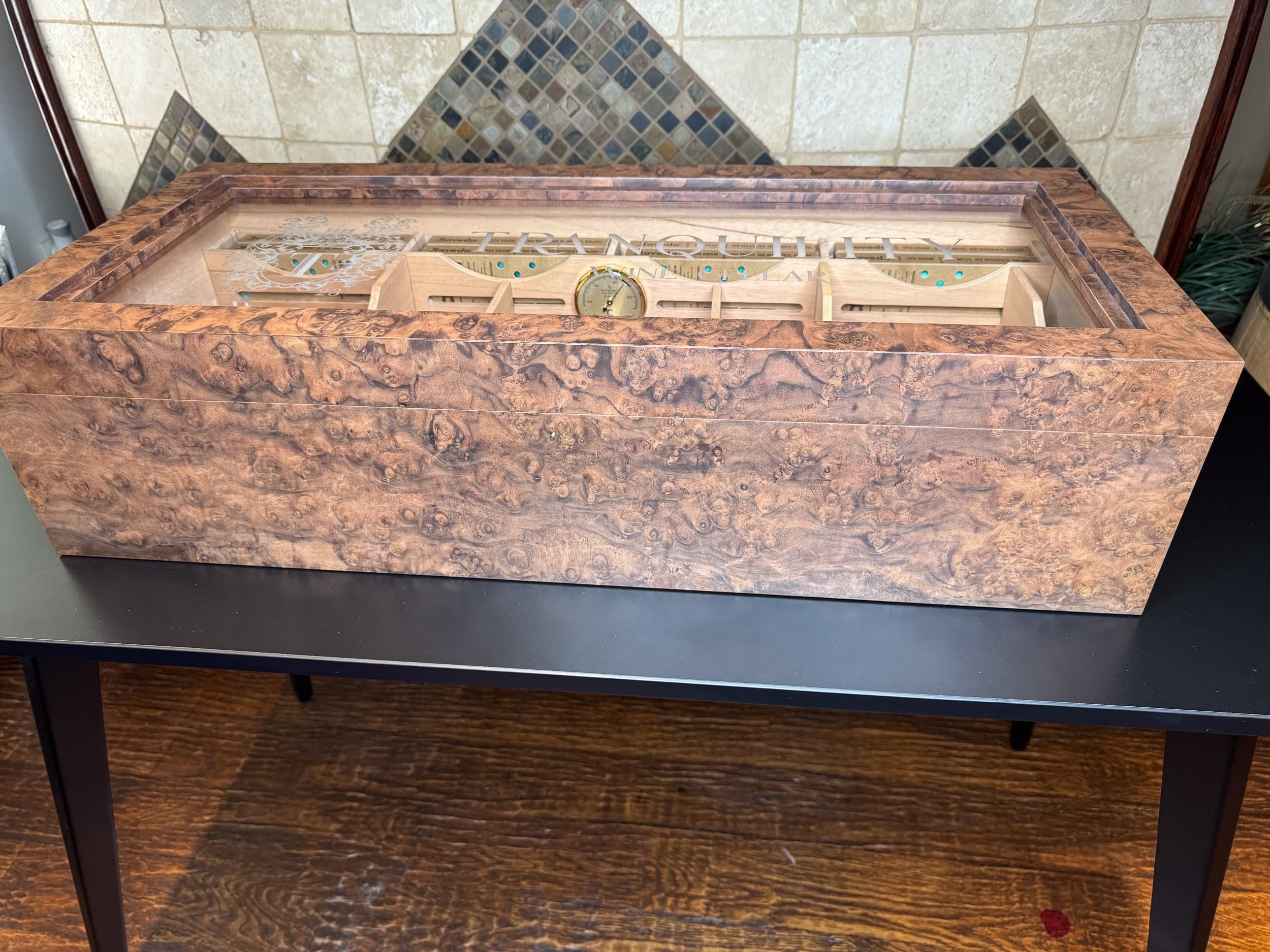 The Vitrine: centient luxury walnut burl museum glass humidor closed front