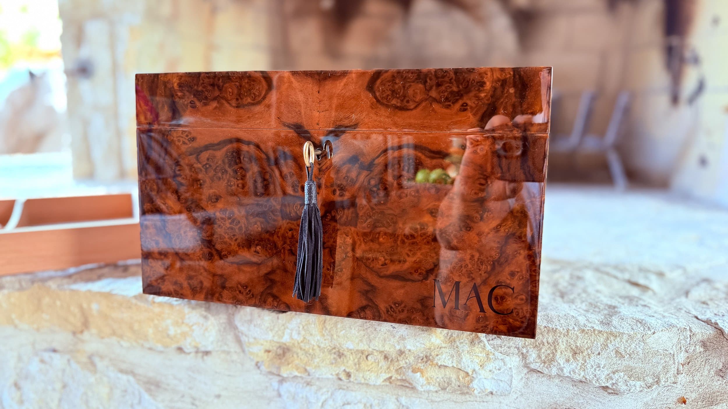 The Toro: centient luxury walnut burl humidor front mac initials lifestyle