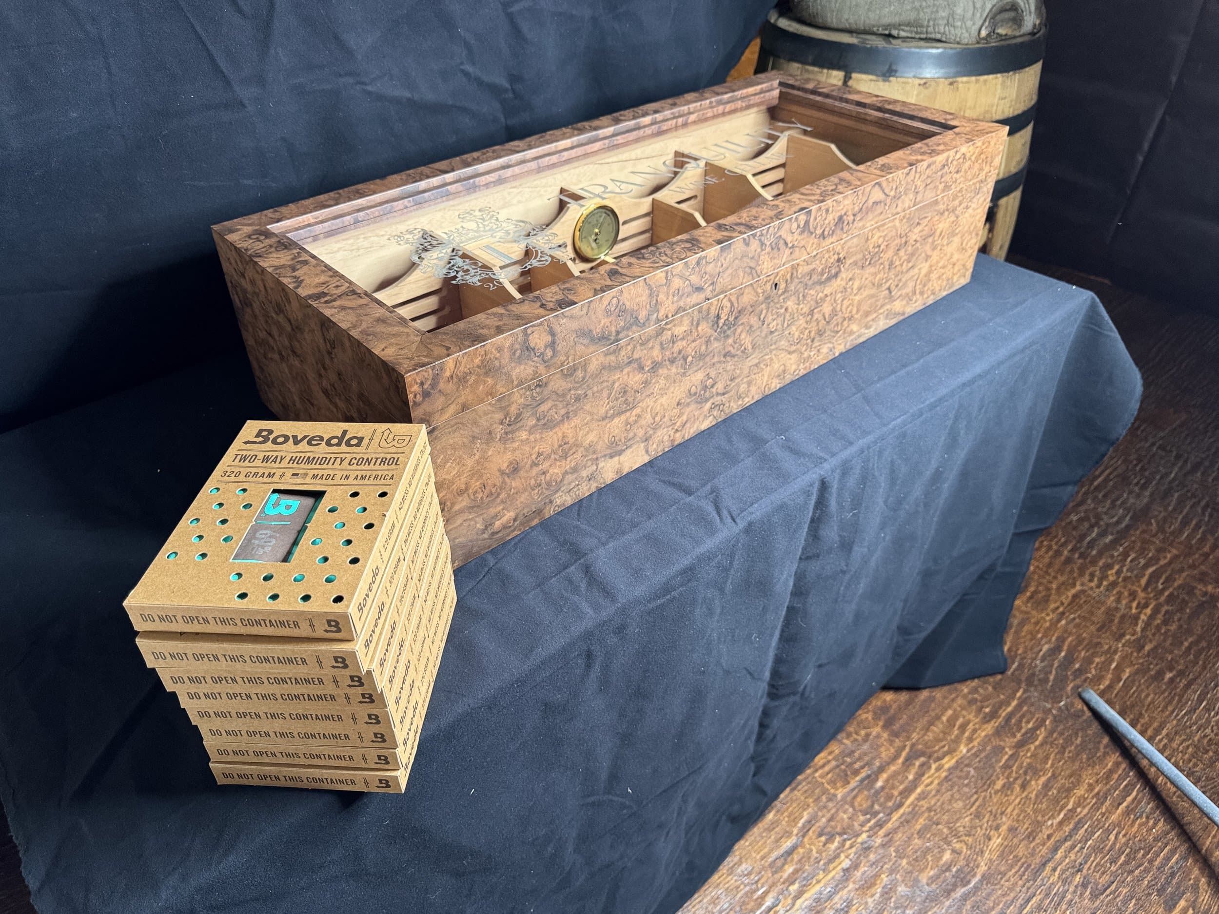 Walnut burl humidor with museum glass and climate media packs