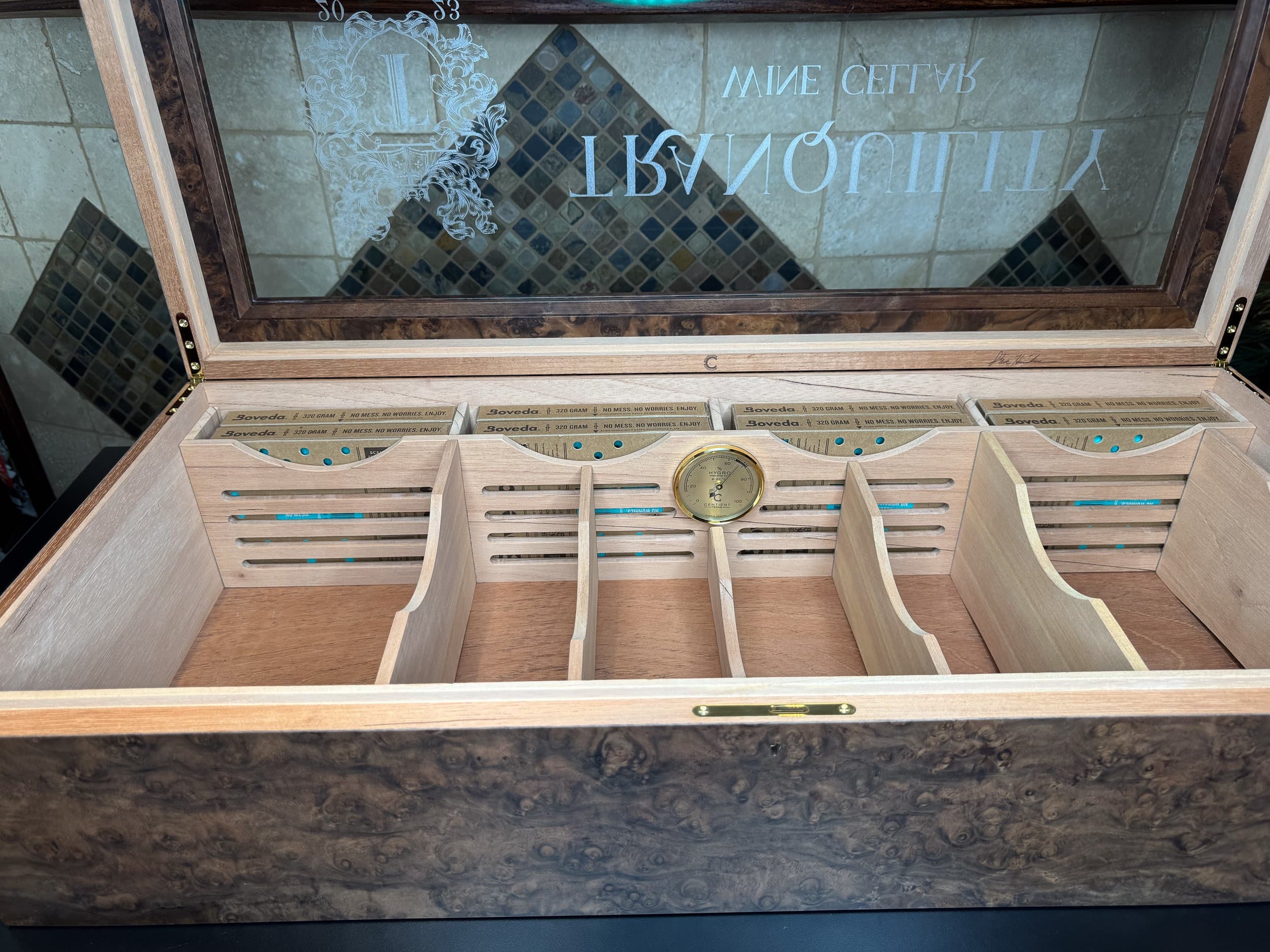 The Vitrine: centient luxury walnut burl museum glass humidor open front