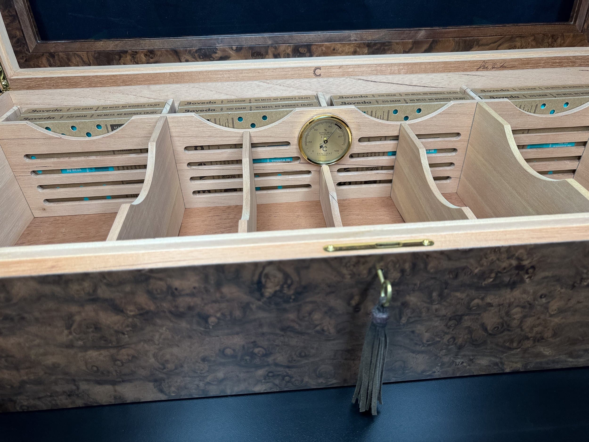 The Vitrine: centient luxury walnut burl museum glass humidor brass box lock