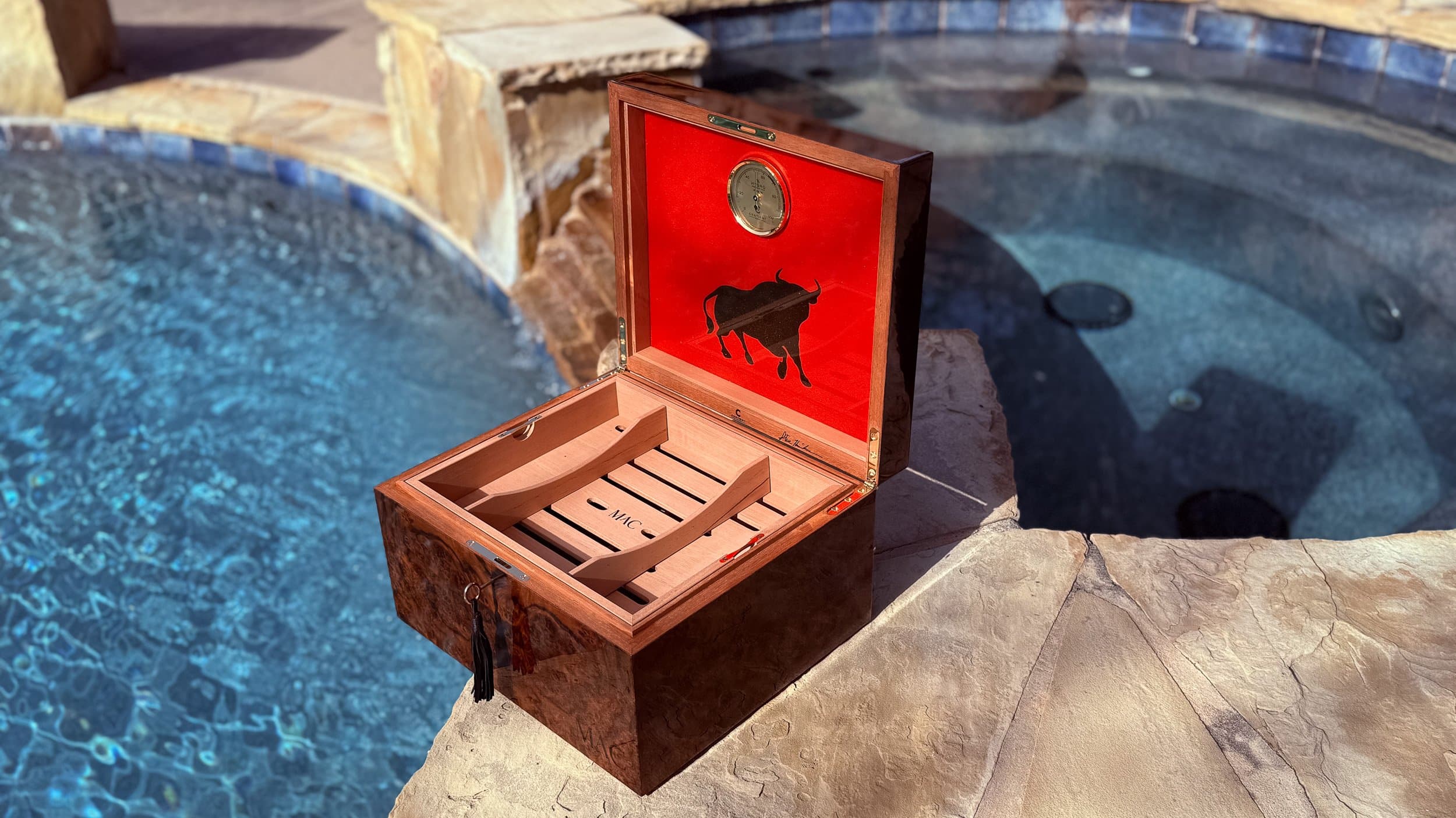 The Toro: centient luxury walnut burl humidor open lid bull silhouette top angle