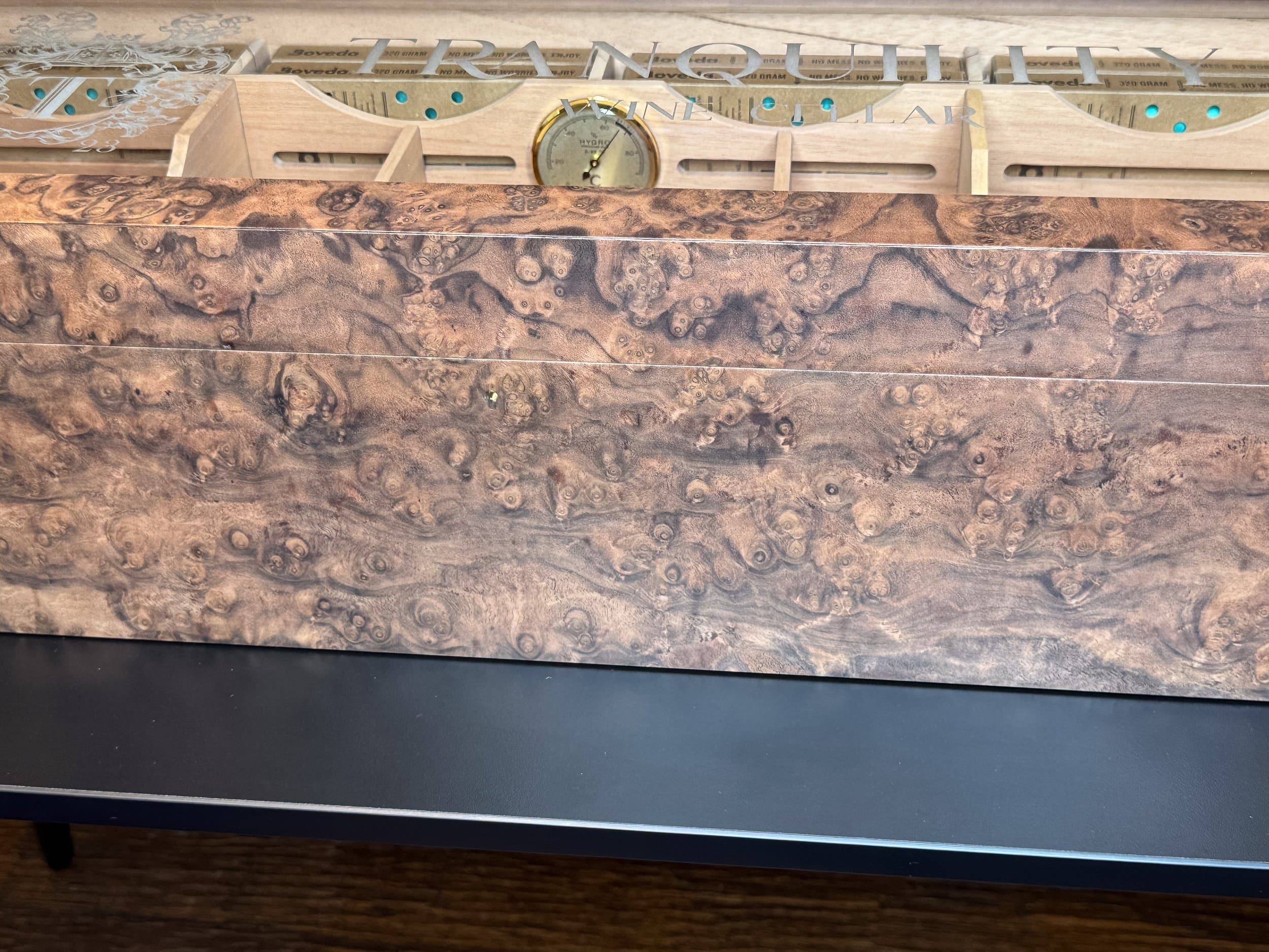 The Vitrine: centient luxury walnut burl museum glass humidor front closeup