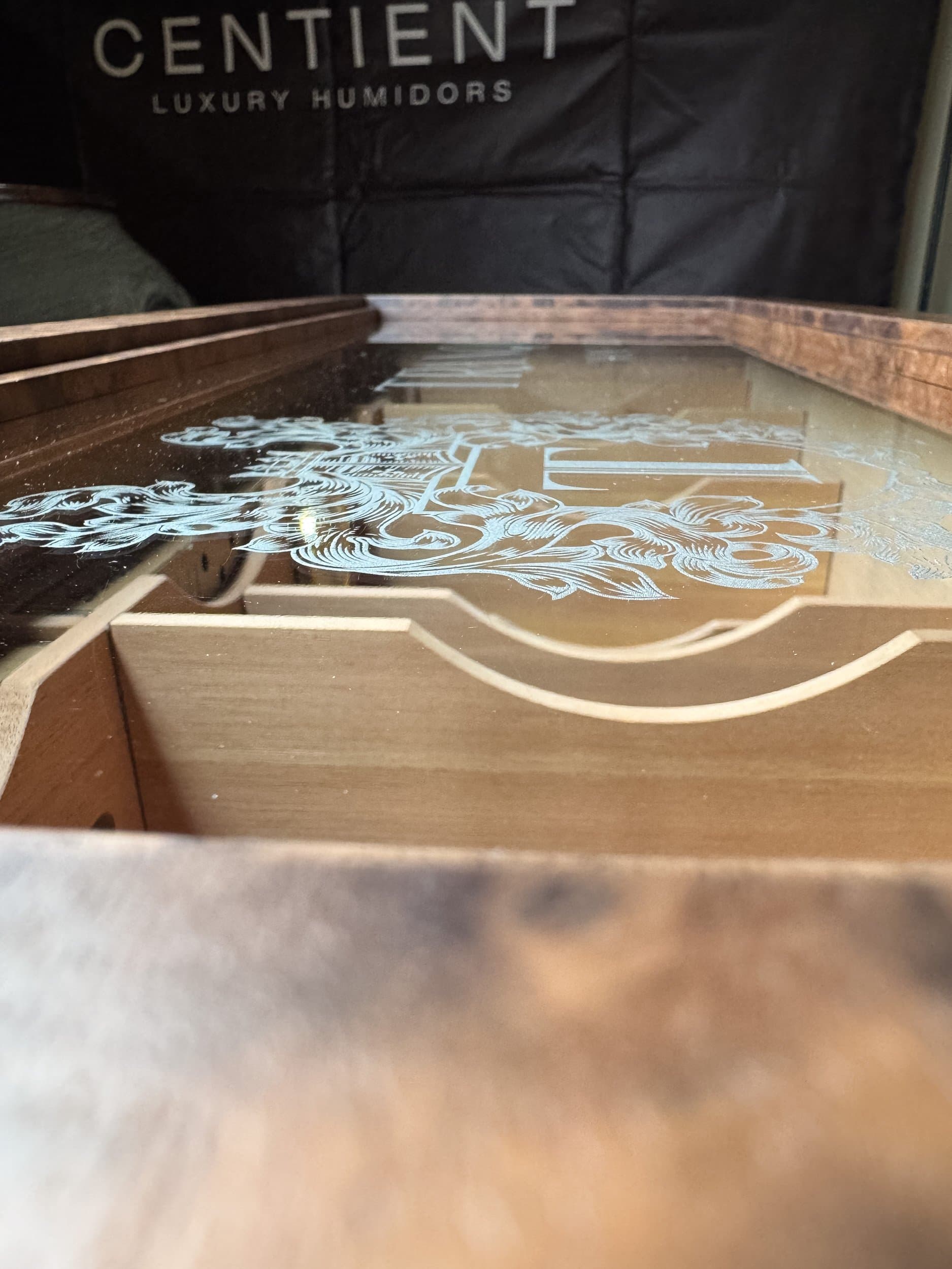 The Vitrine: centient luxury walnut burl museum glass humidor engraving closeup