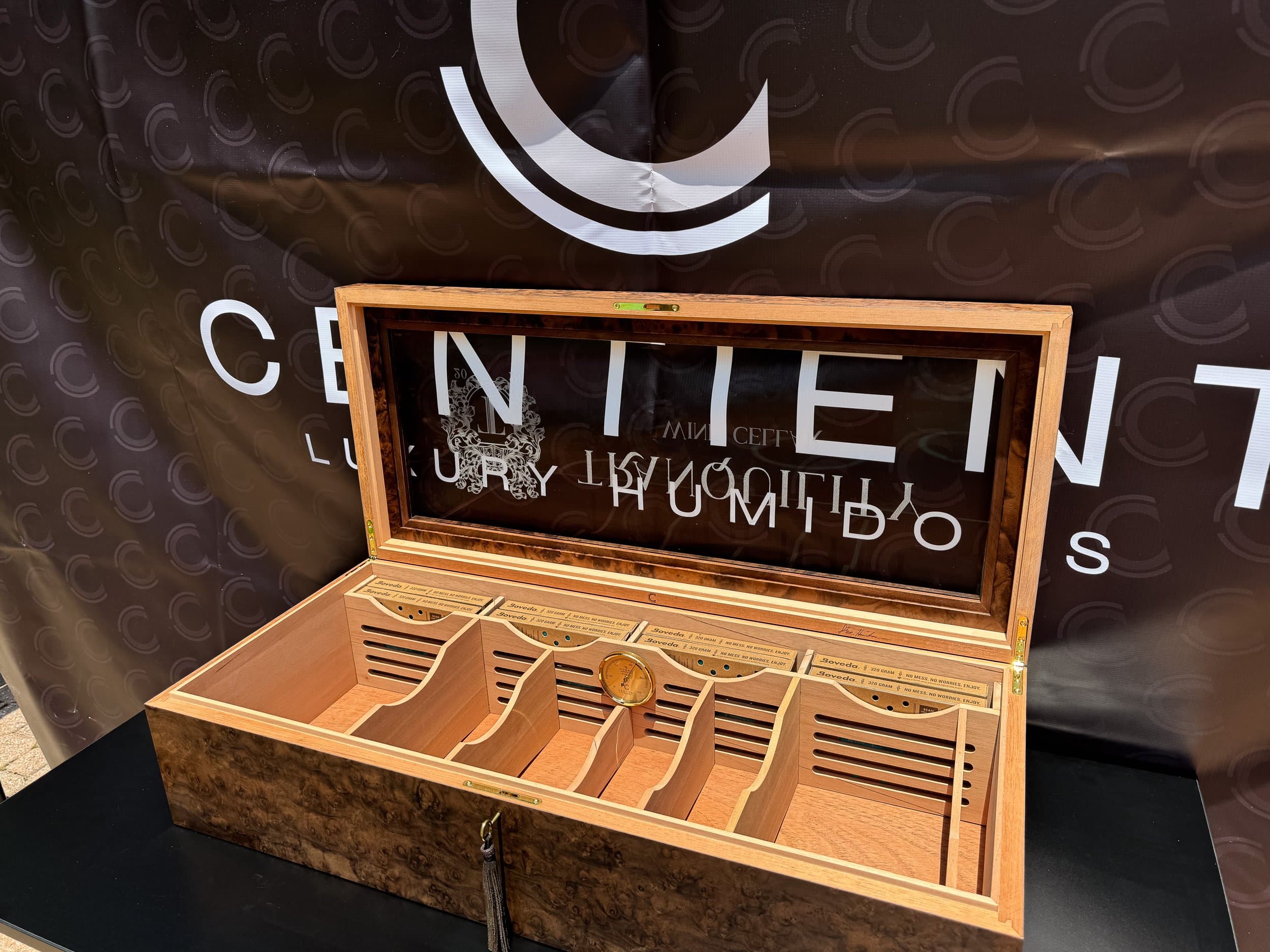 The Vitrine: centient luxury walnut burl museum glass humidor open angled