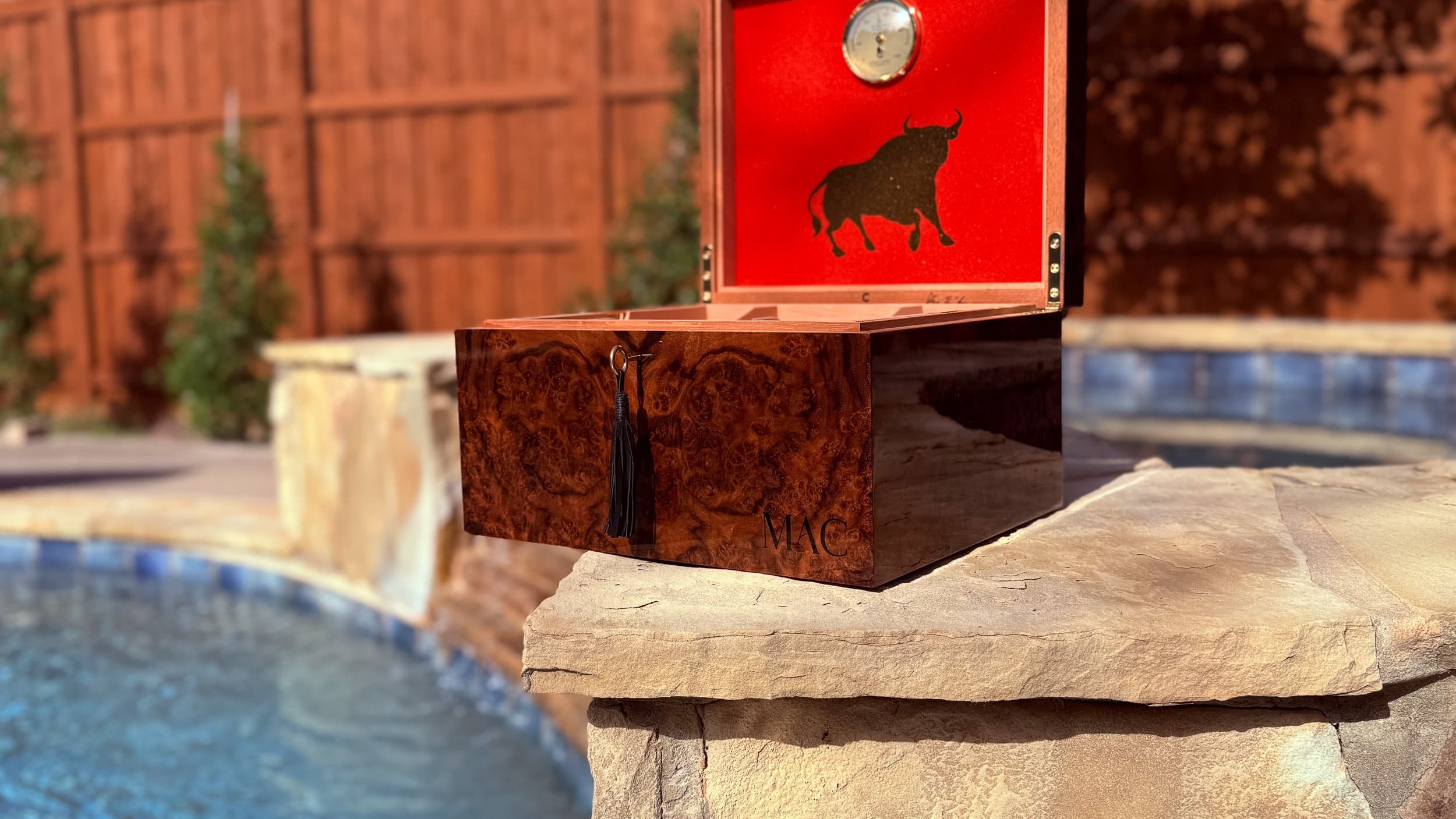 The Toro: centient luxury walnut burl humidor initials open lid bull silhouette
