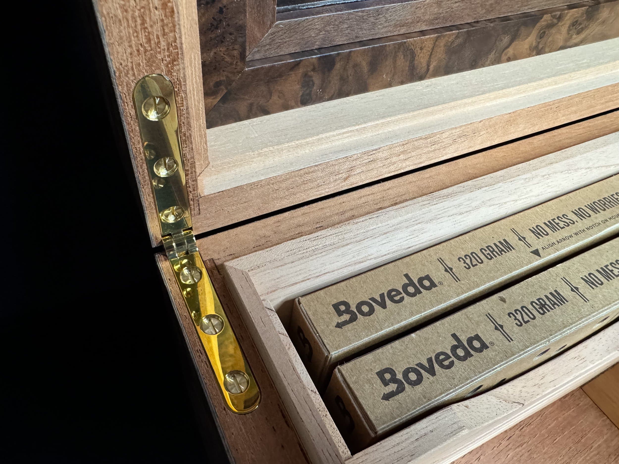 The Vitrine: centient luxury walnut burl museum glass humidor brass hinge left
