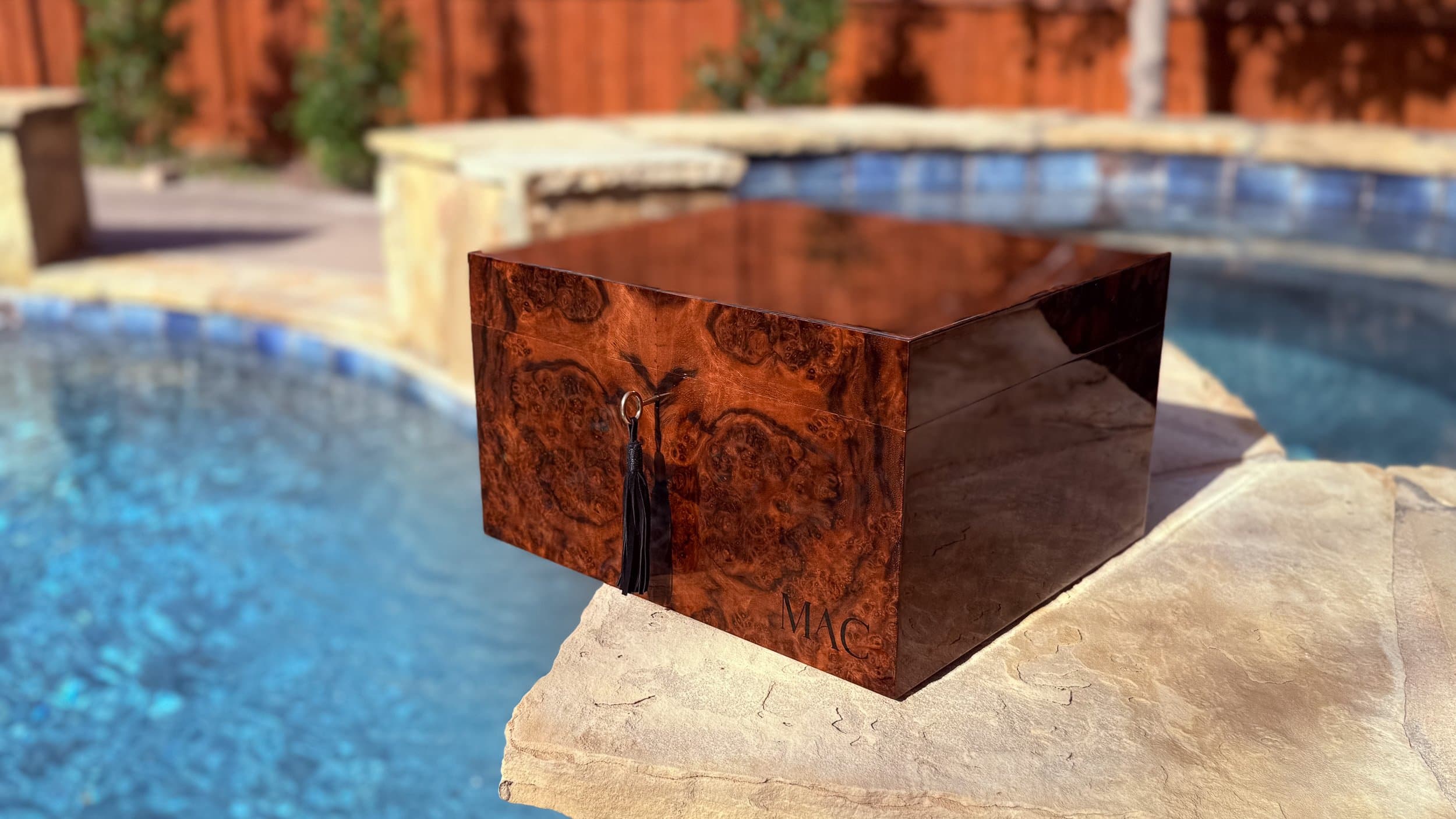 The Toro: centient luxury walnut burl humidor right front gloss tassel key
