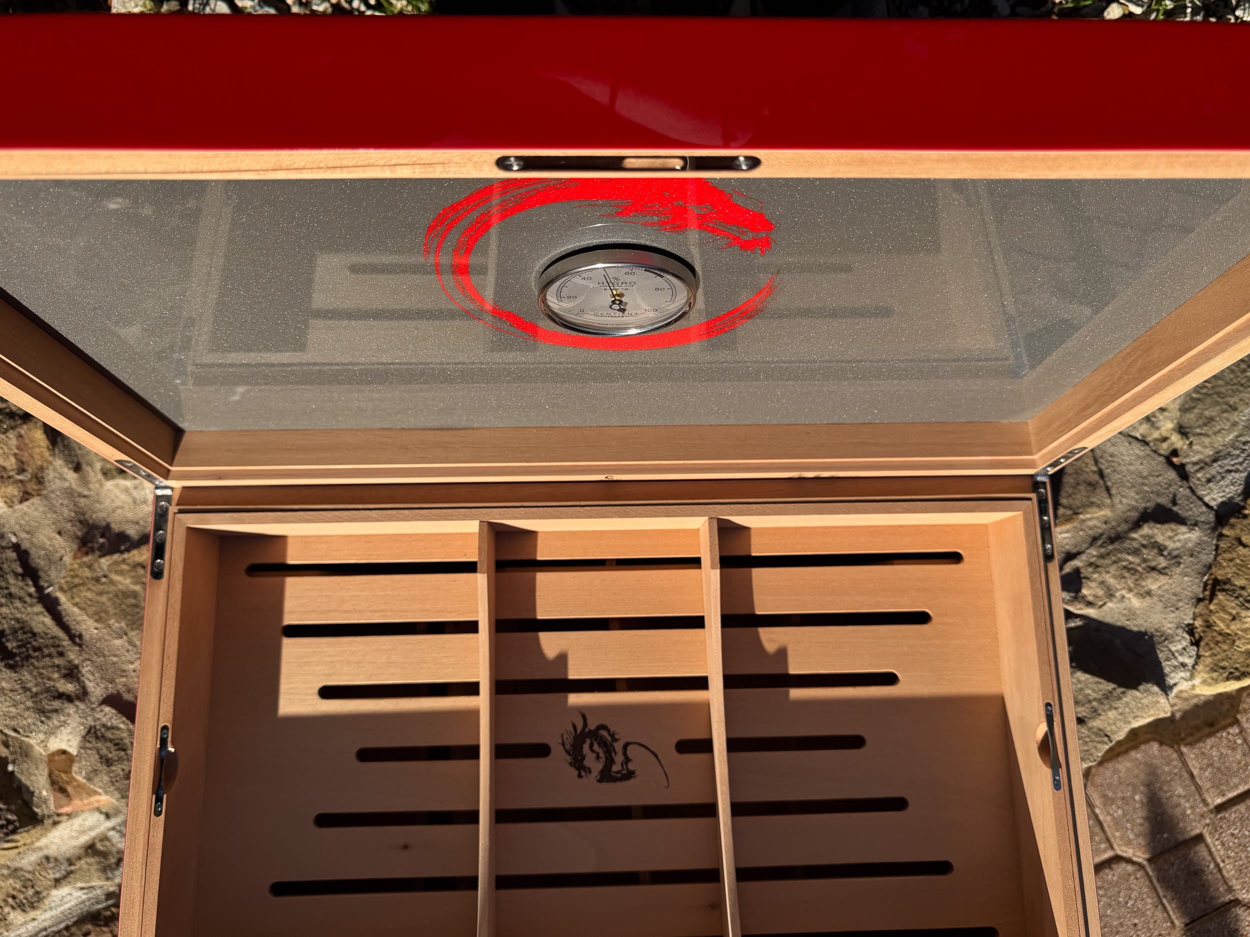 The Draconis: centient red dragon humidor open lid top down