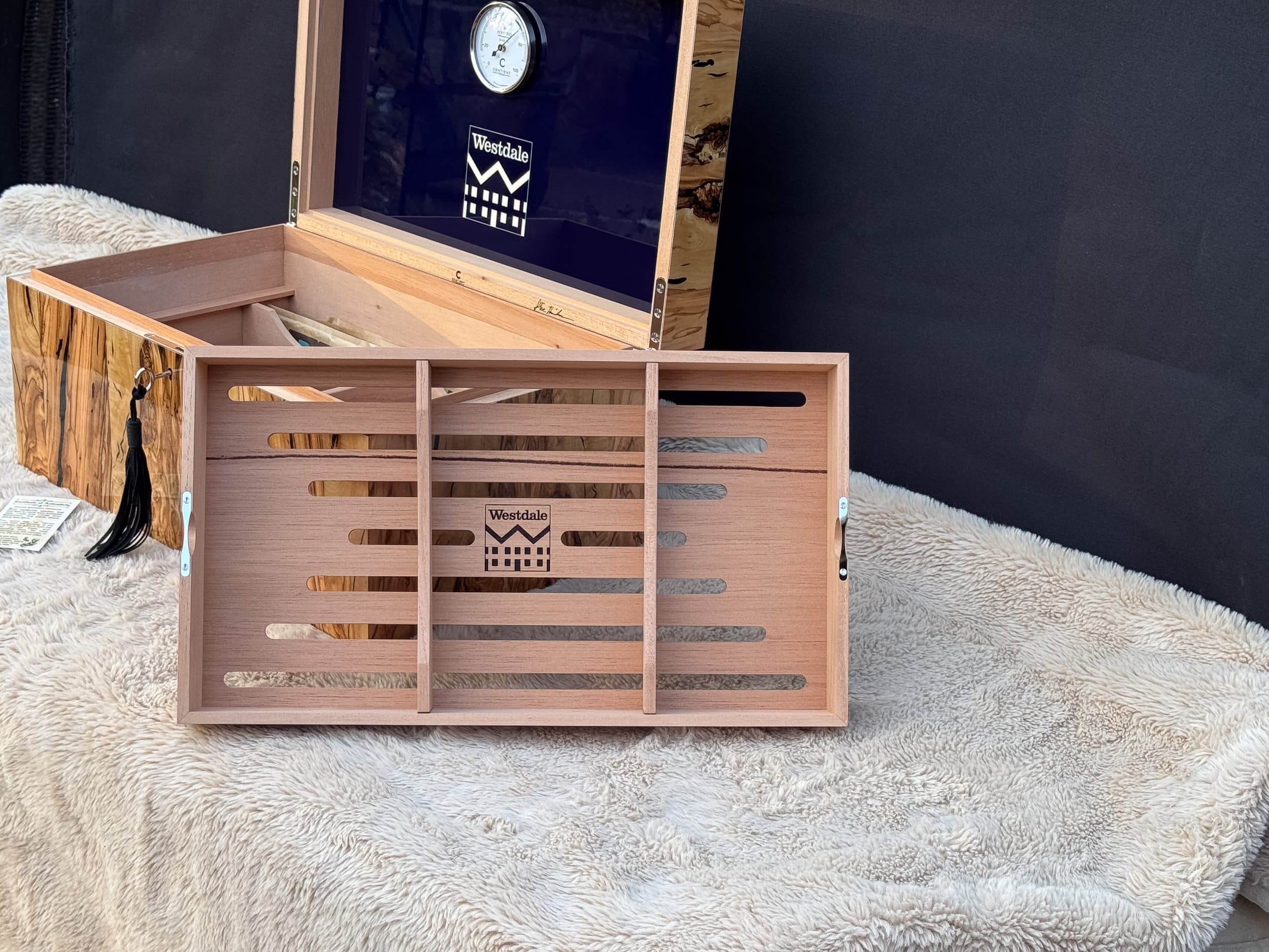 The Bethlehem: centient luxury bethlehem olivewood humidor tray outside