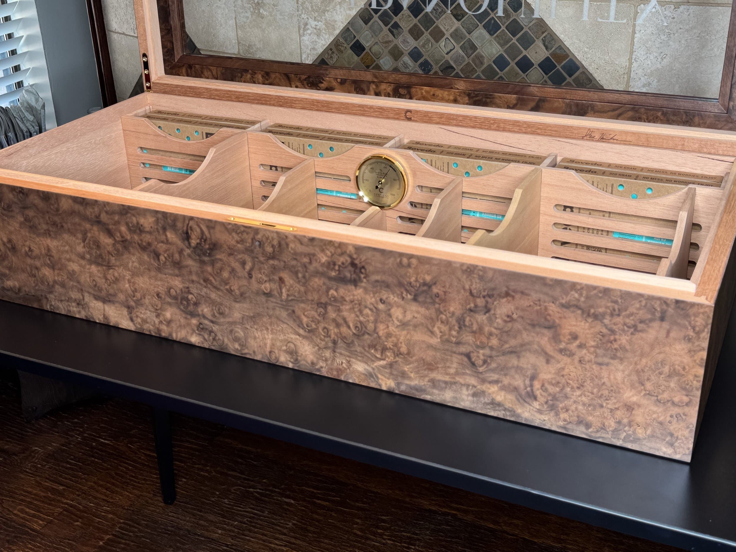 The Vitrine: centient luxury walnut burl museum glass humidor front open